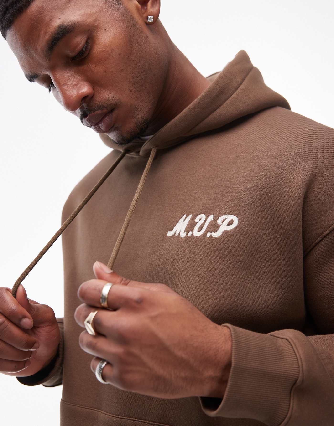 Topman oversized fit hoodie with front and back MVP embroidery in brown