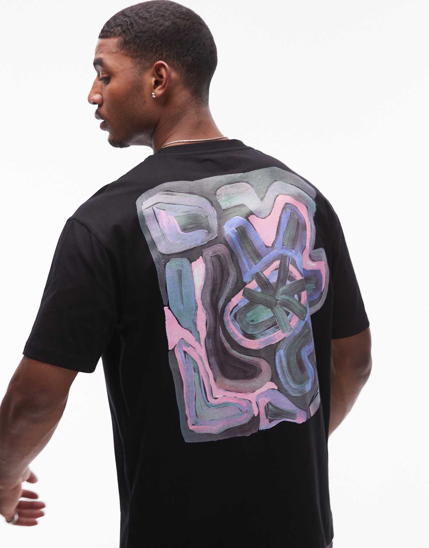 Topman oversized fit t-shirt with front and back painted abstract print in black