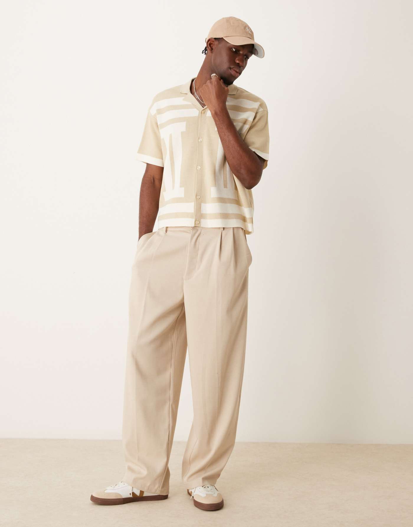 ASOS DESIGN oversized boxy knitted shirt with pattern in neutral