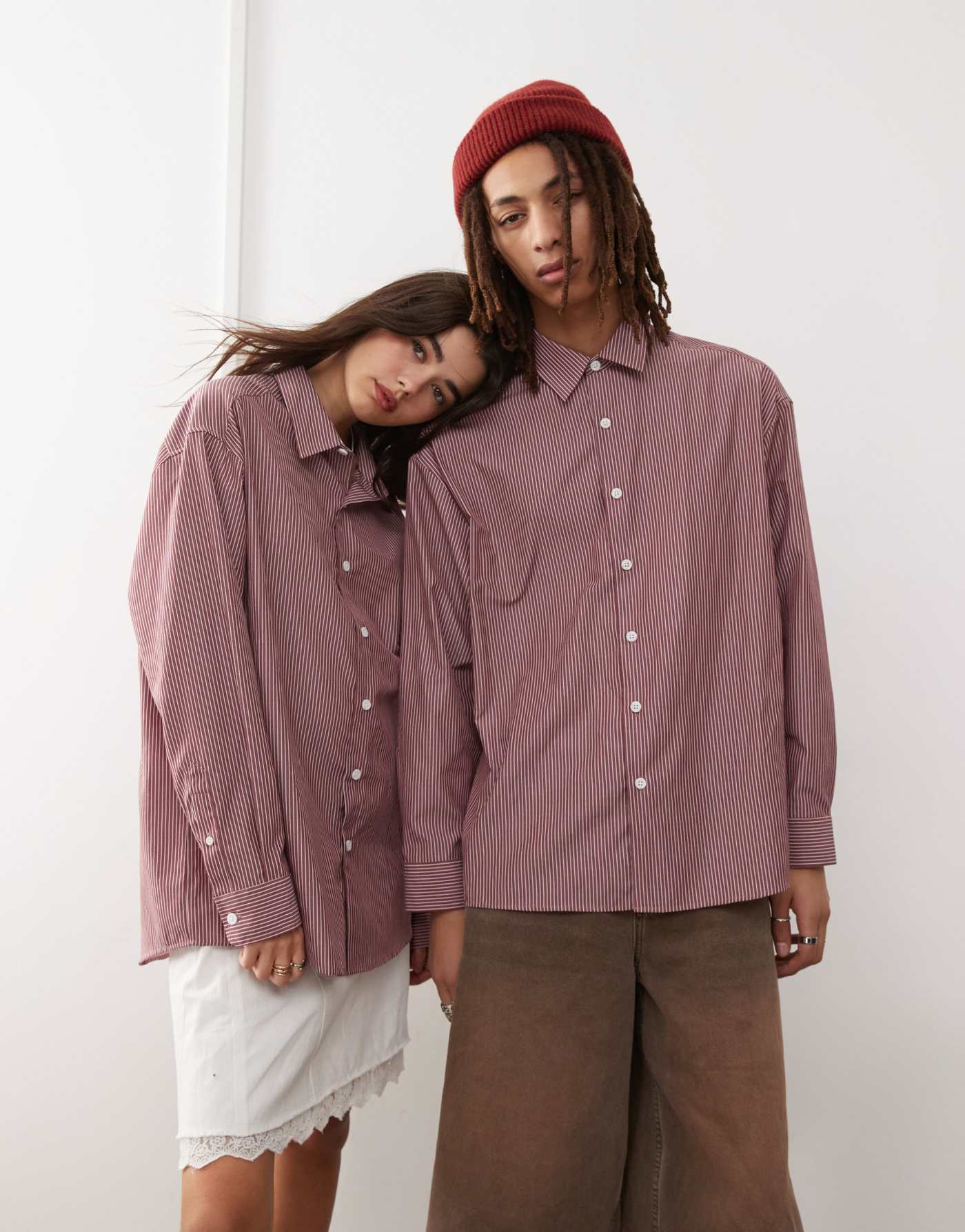 Reclaimed Vintage unisex oversized shirt in burgundy stripe