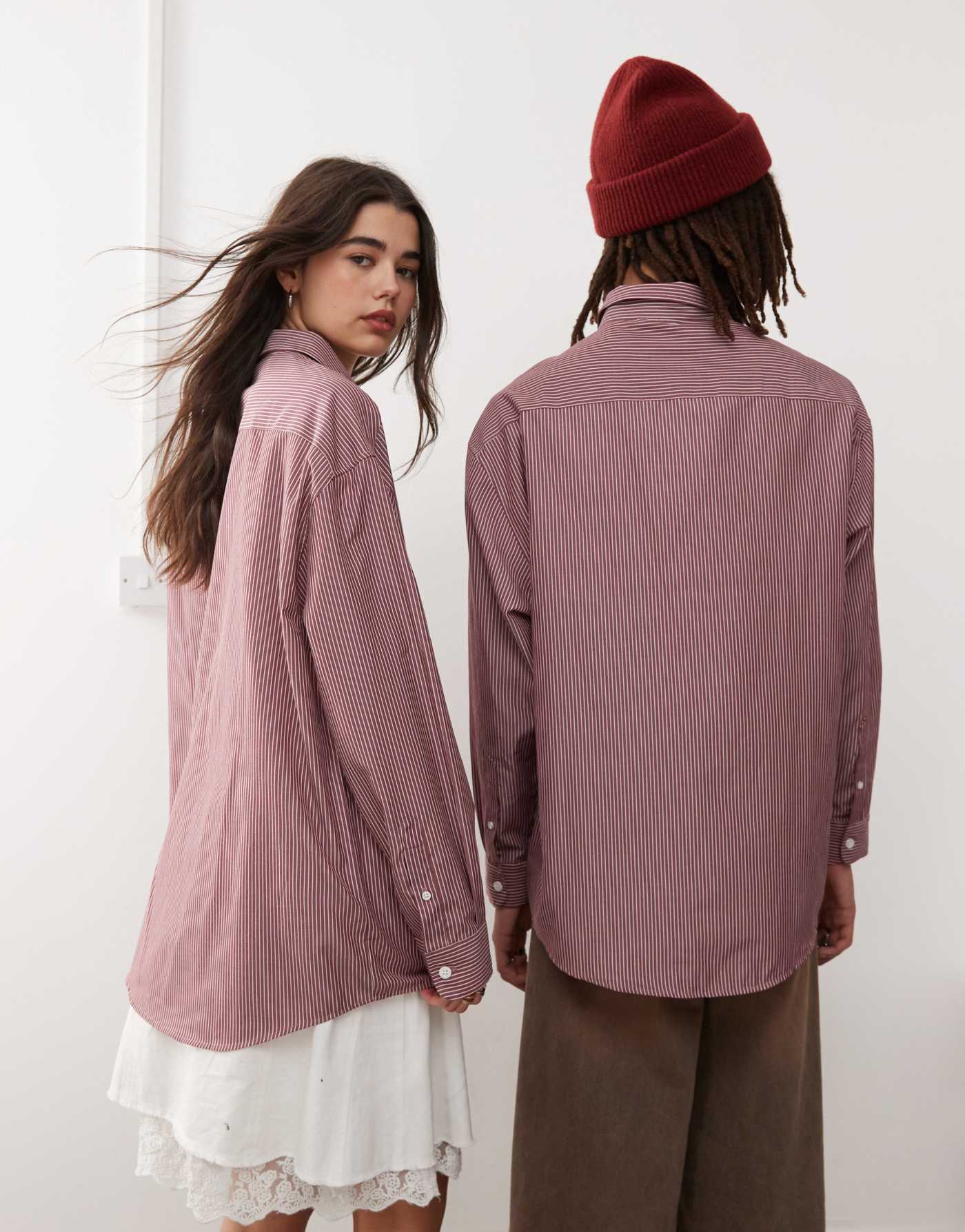 Reclaimed Vintage unisex oversized shirt in burgundy stripe