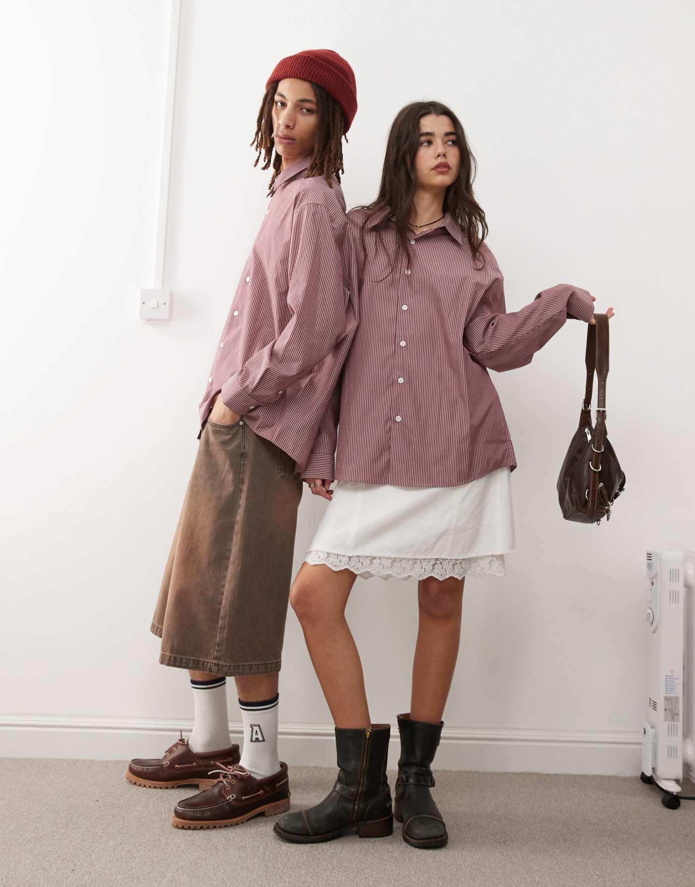 Reclaimed Vintage unisex oversized shirt in burgundy stripe