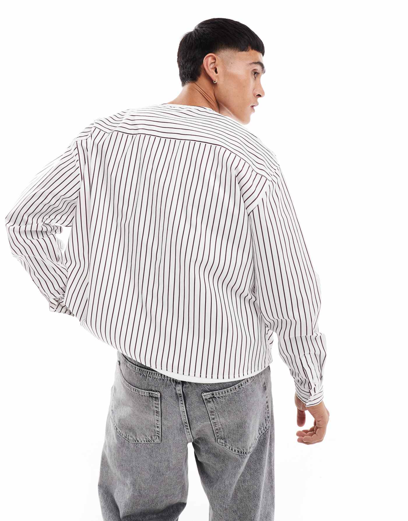 ASOS DESIGN oversized long sleeve shirt with baseball neck in stripe