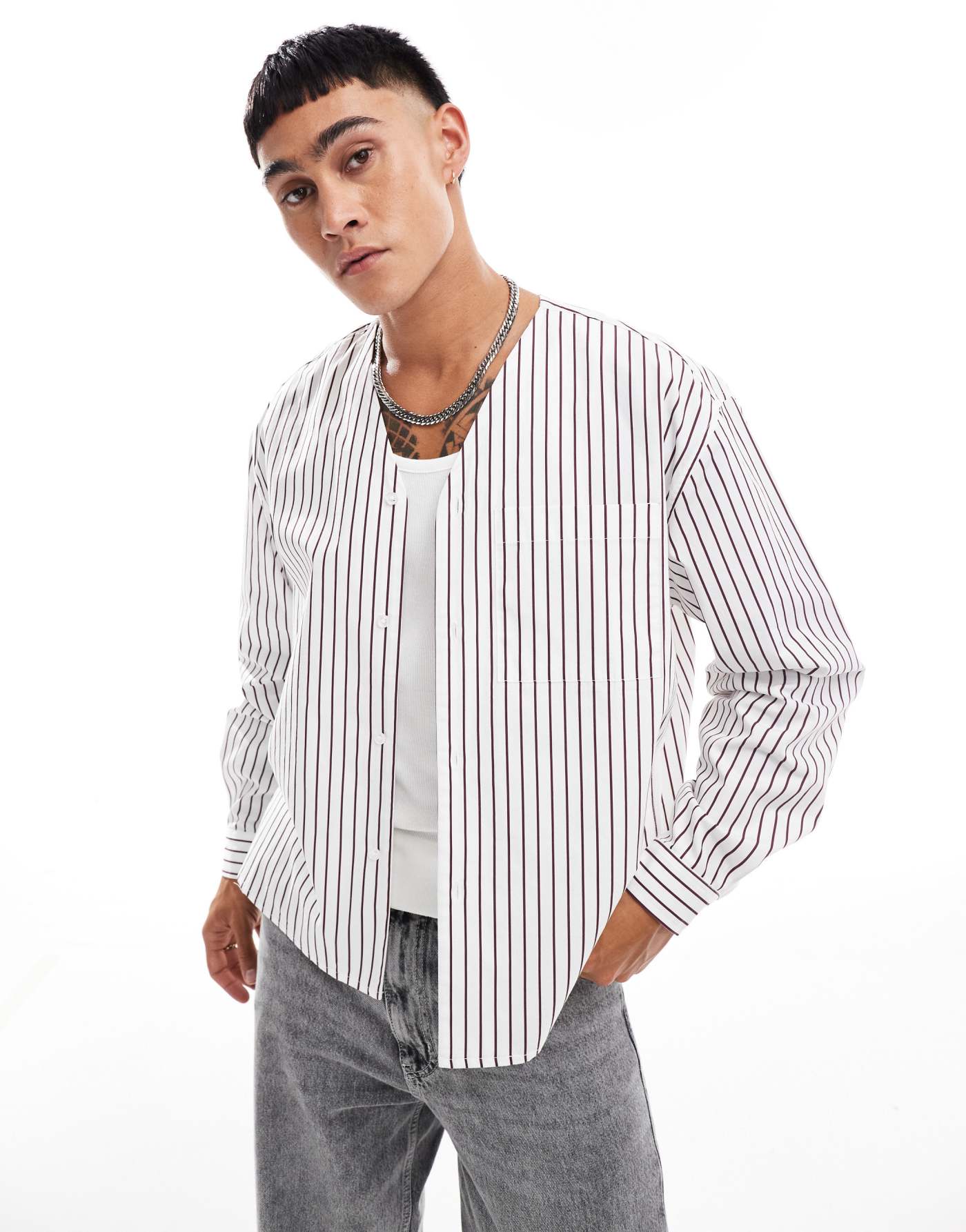 ASOS DESIGN oversized long sleeve shirt with baseball neck in stripe