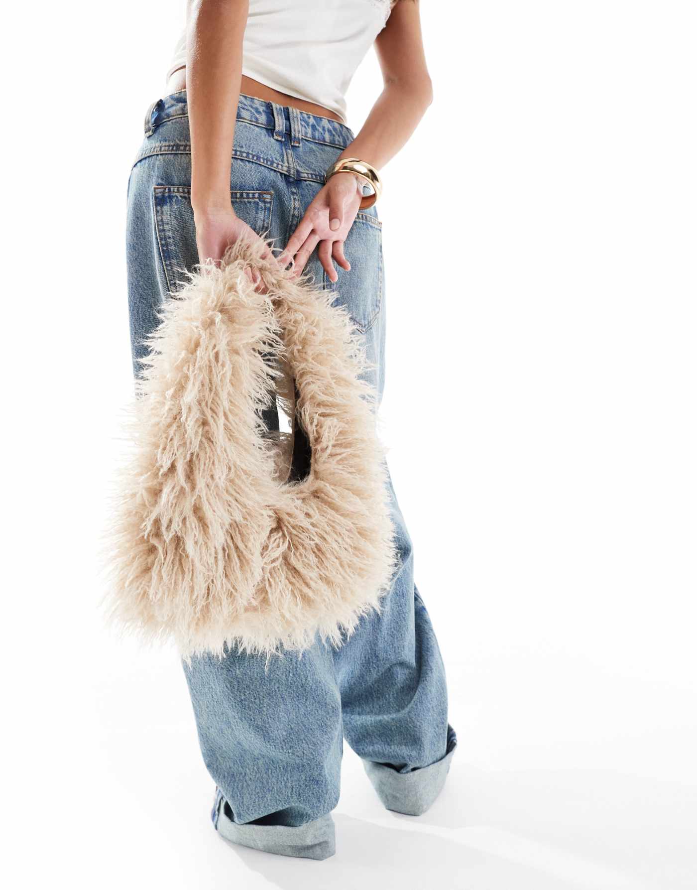 Pull&Bear shaggy shoulder bag in beige