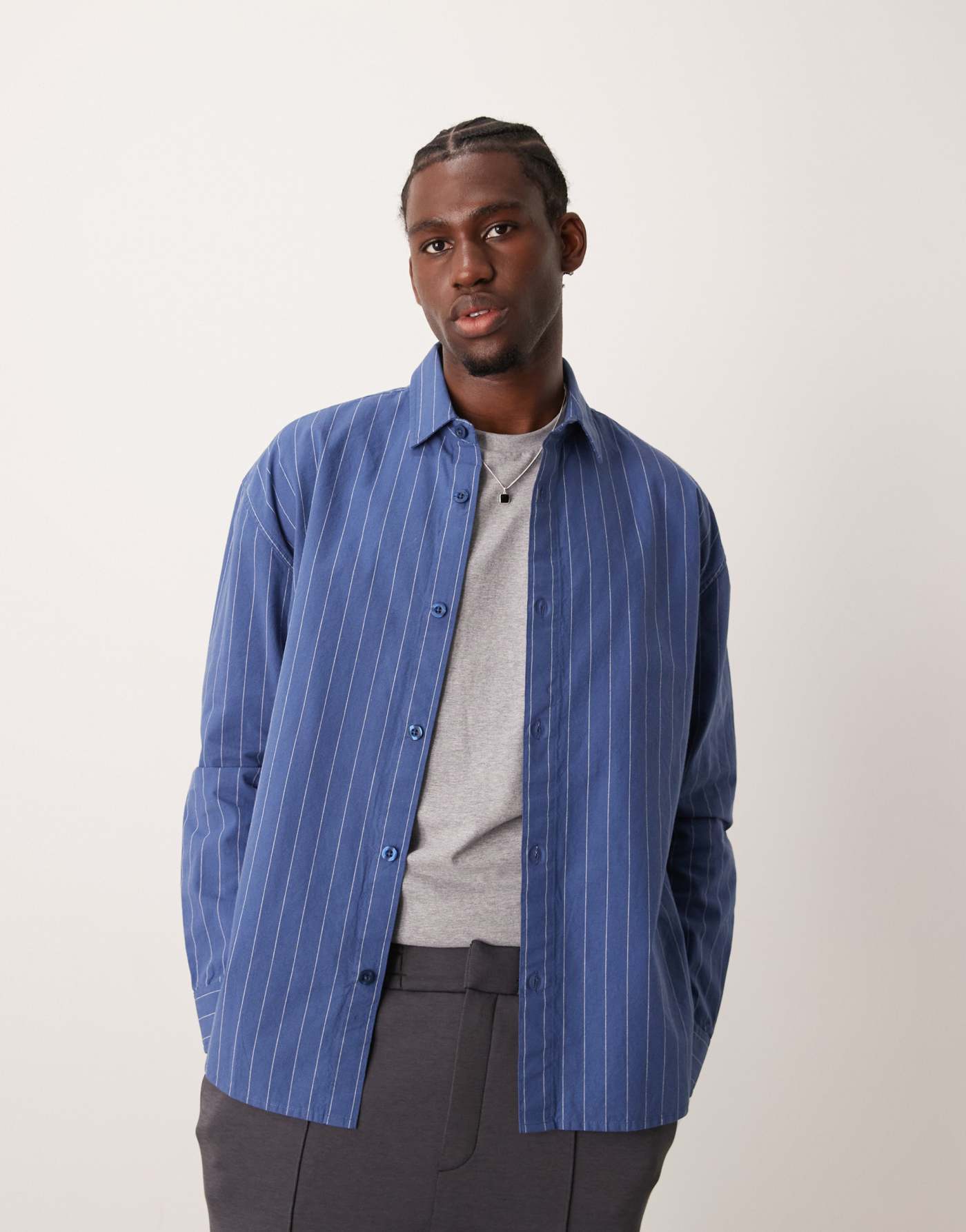 New Look fine stripe oversized shirt in mid blue