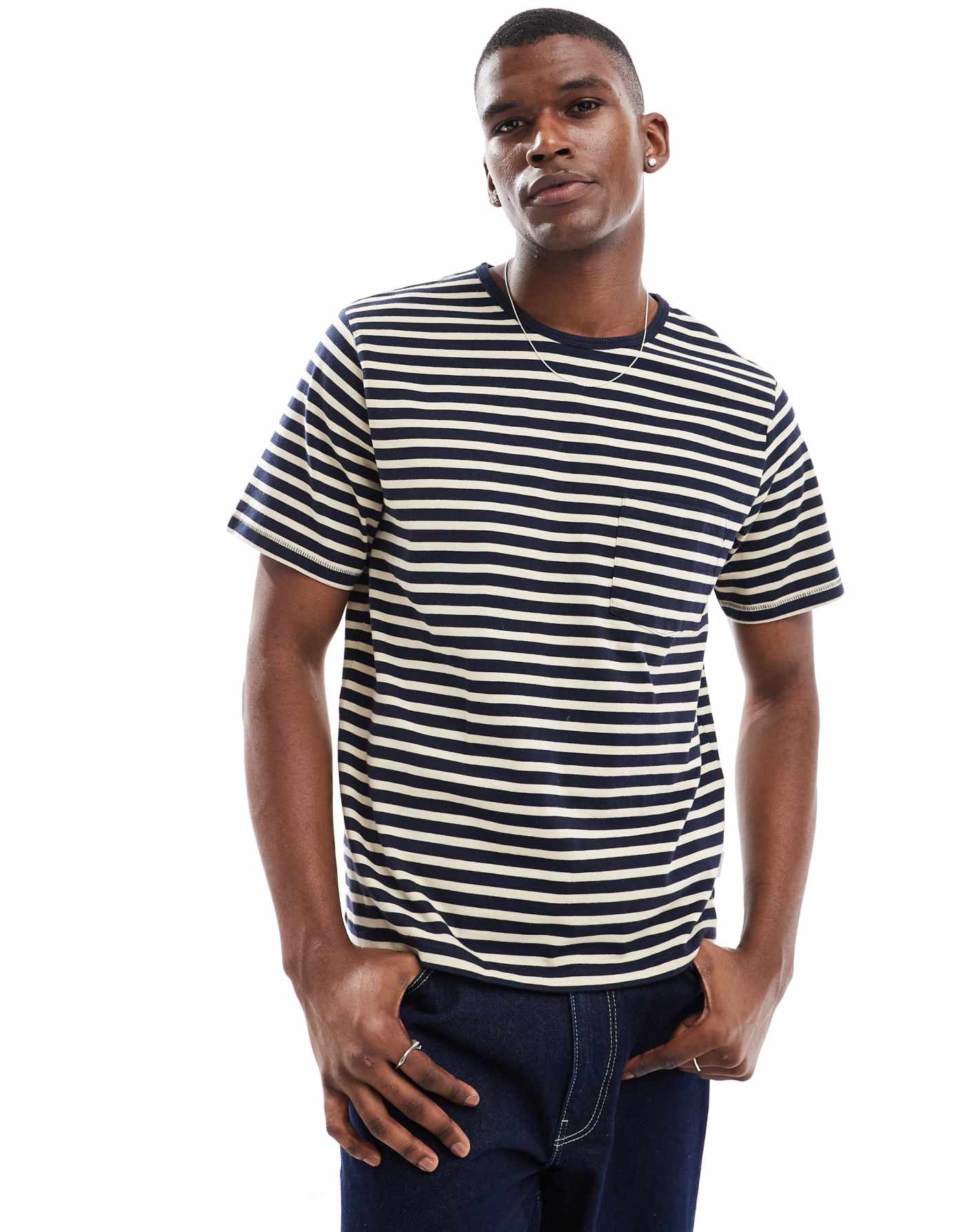 Scalpers Icon Pocket Striped Tee In Dark Navy