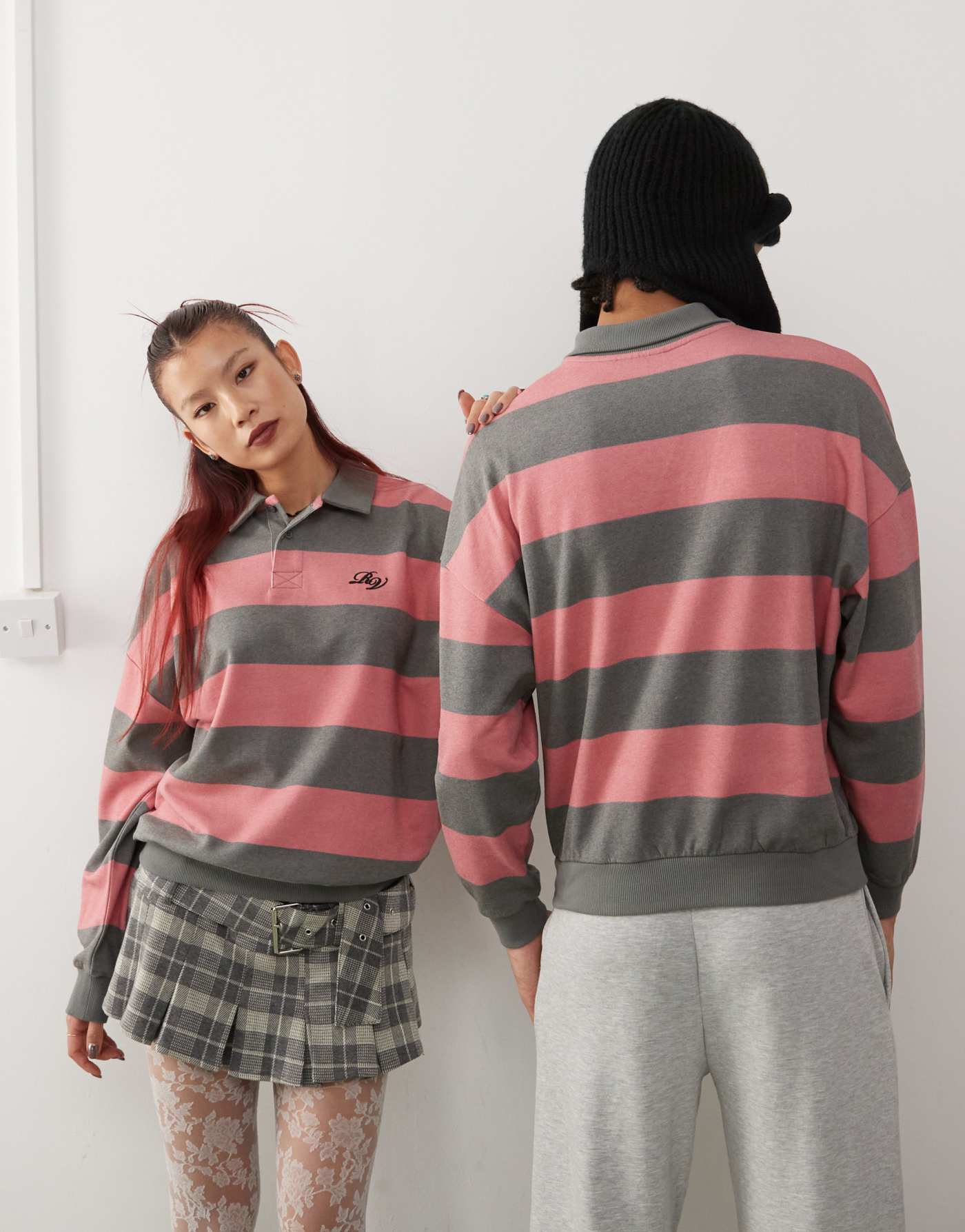 Reclaimed Vintage unisex boxy polo rugby sweat in grey and red stripe