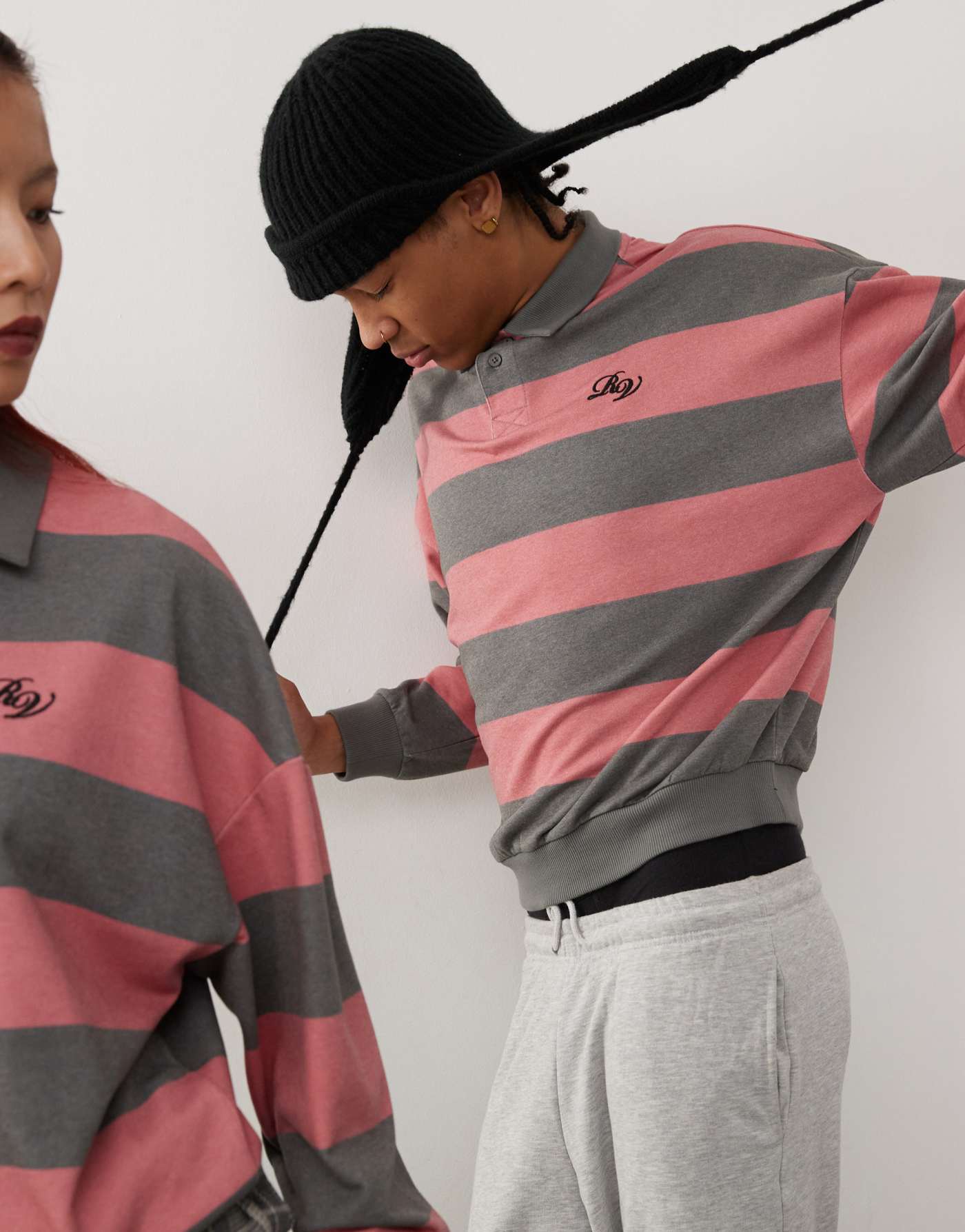 Reclaimed Vintage unisex boxy polo rugby sweat in grey and red stripe