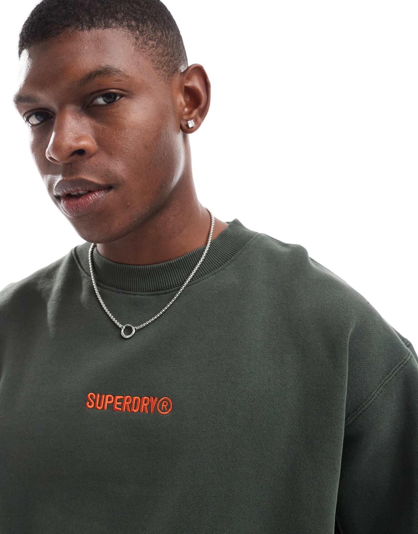 Superdry Micro logo graphic loose crew sweatshirt in army khaki