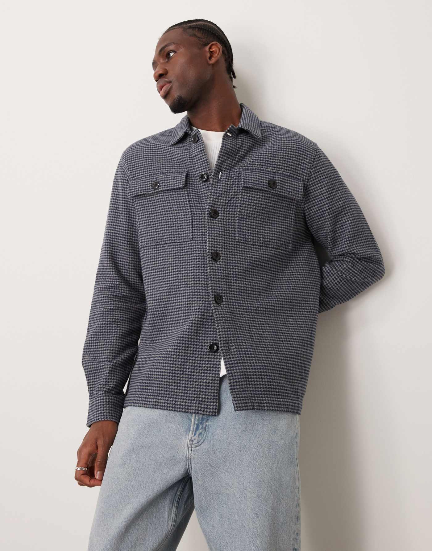 New Look houndstooth check overshirt in mid grey