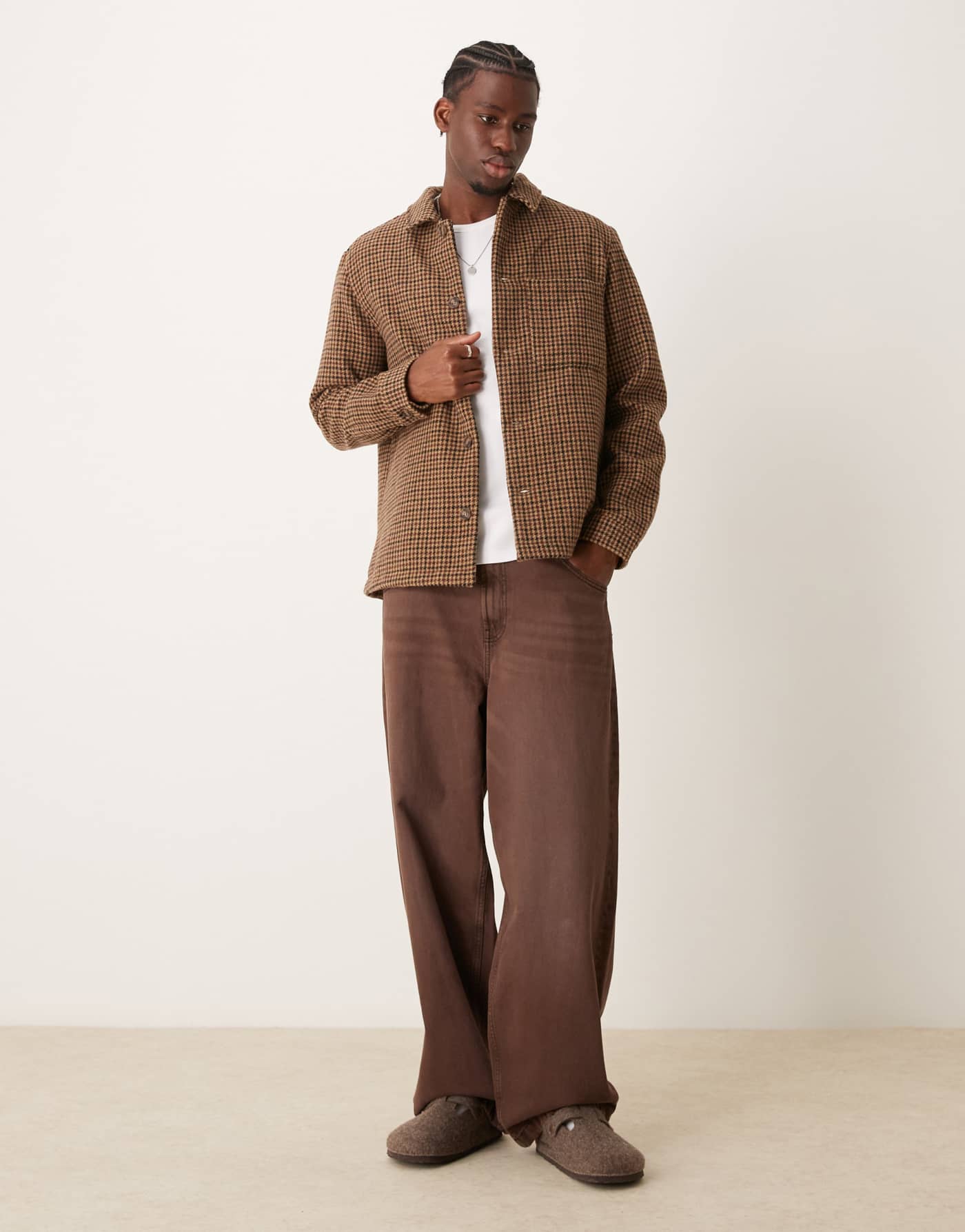 New Look brushed shacket in brown check