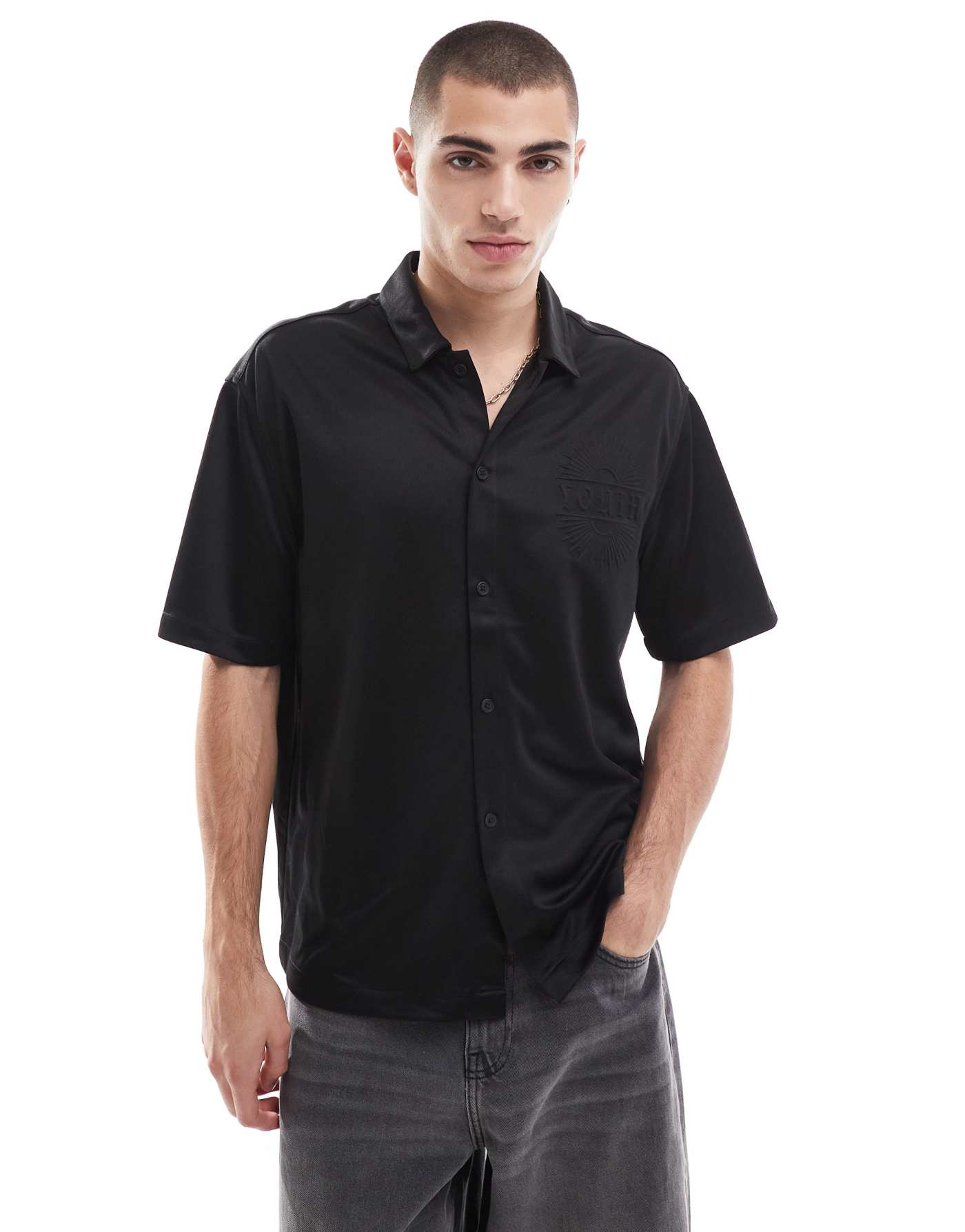 Bershka short sleeve raised design shirt in black