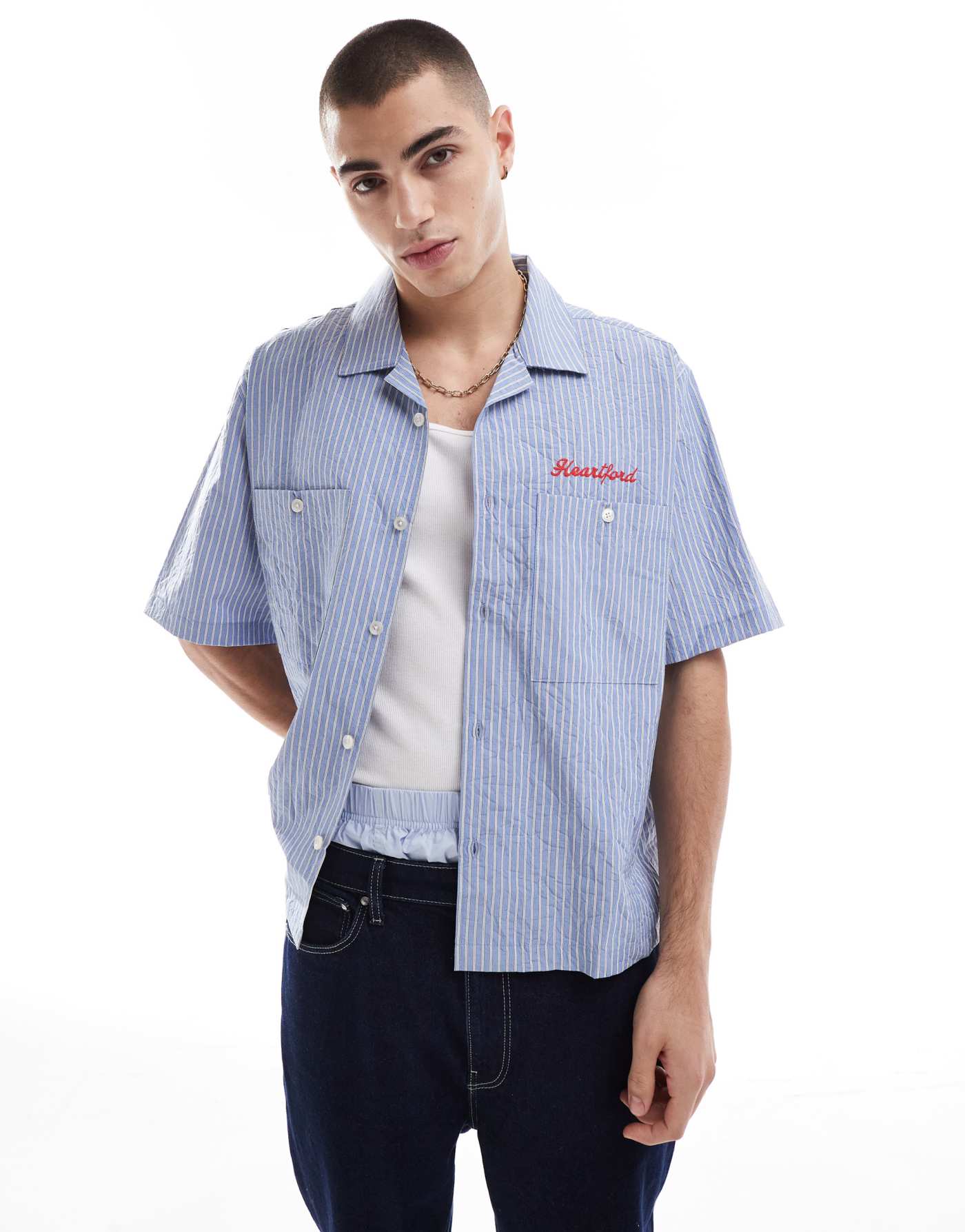 Bershka back embroidery striped shirt in light blue