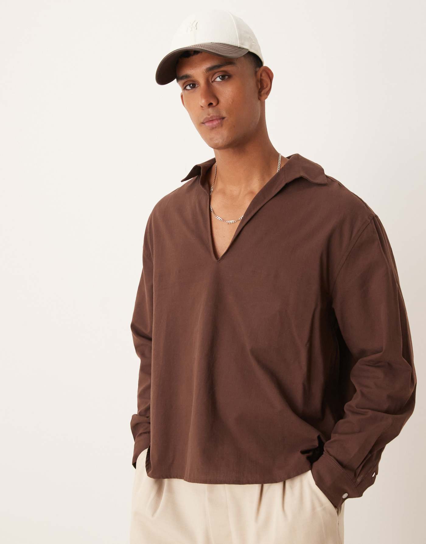 ASOS DESIGN oversized long sleeve overhead shirt in brown