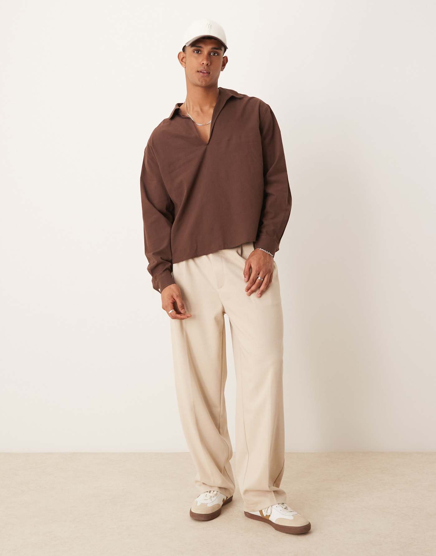 ASOS DESIGN oversized long sleeve overhead shirt in brown