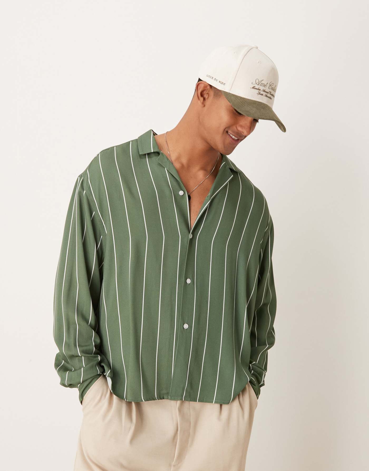 ASOS DESIGN oversized boxy revere shirt in green stripe