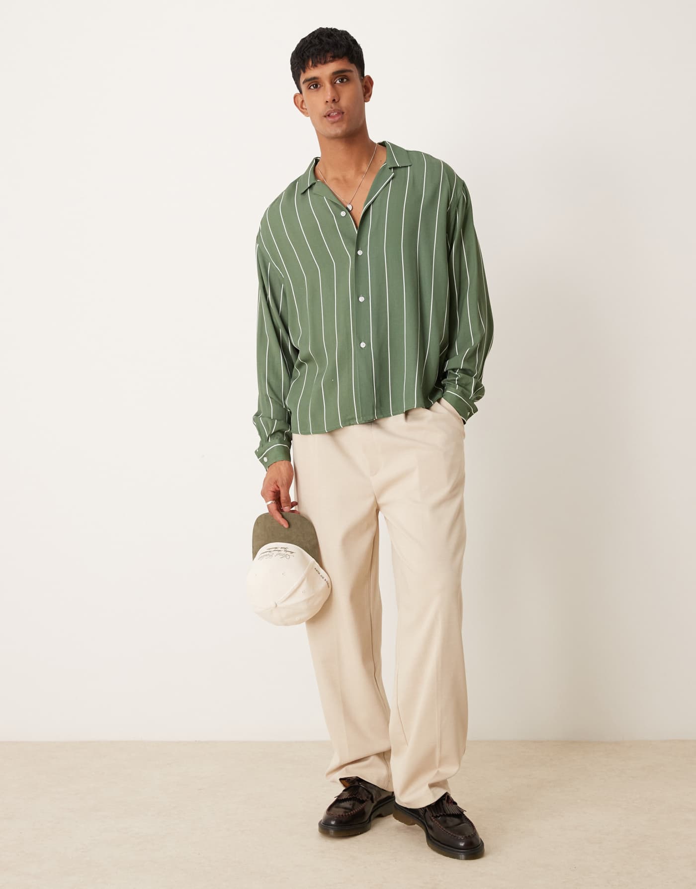 ASOS DESIGN oversized boxy revere shirt in green stripe