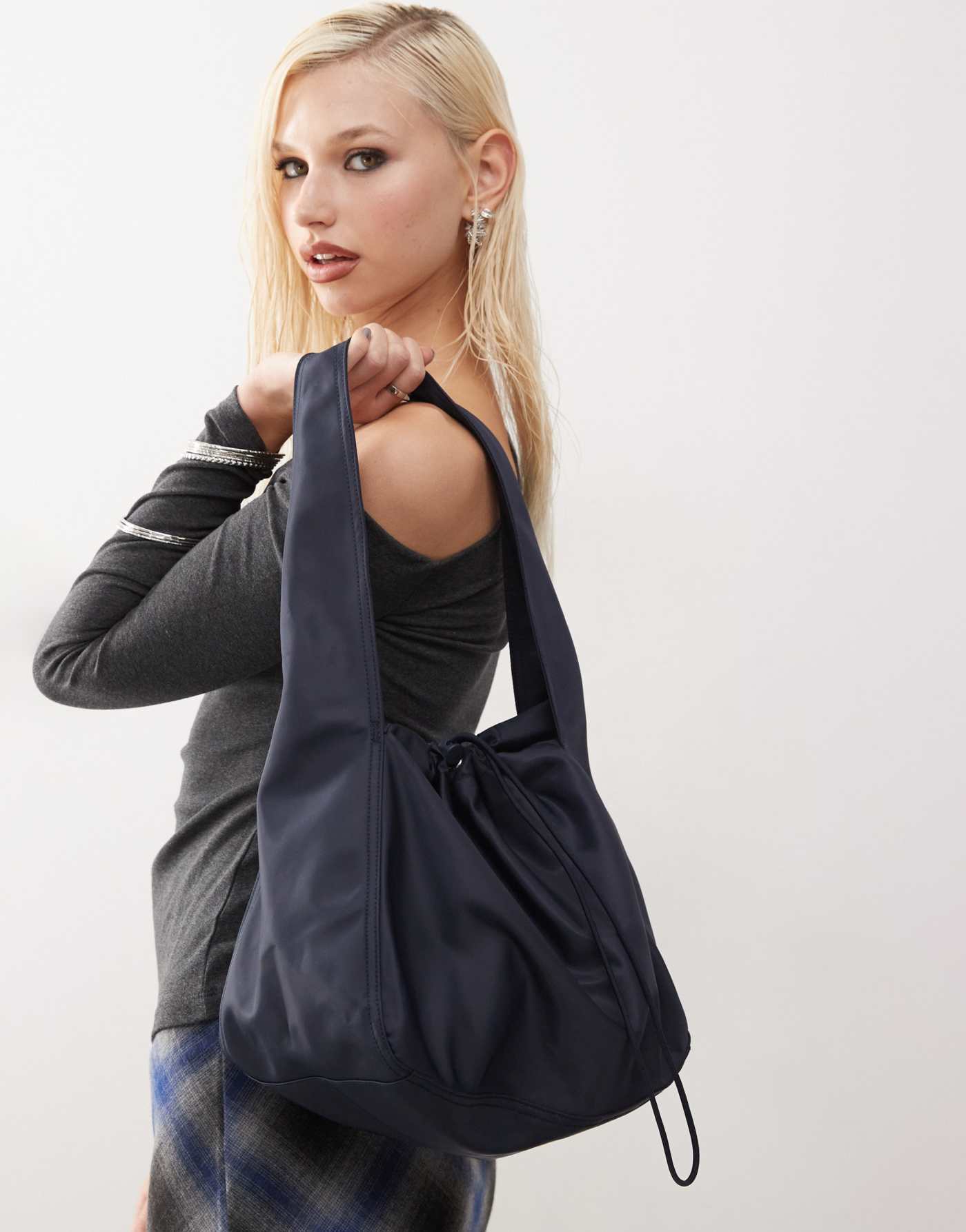 Monki nylon shoulder bag with toggle detail in navy