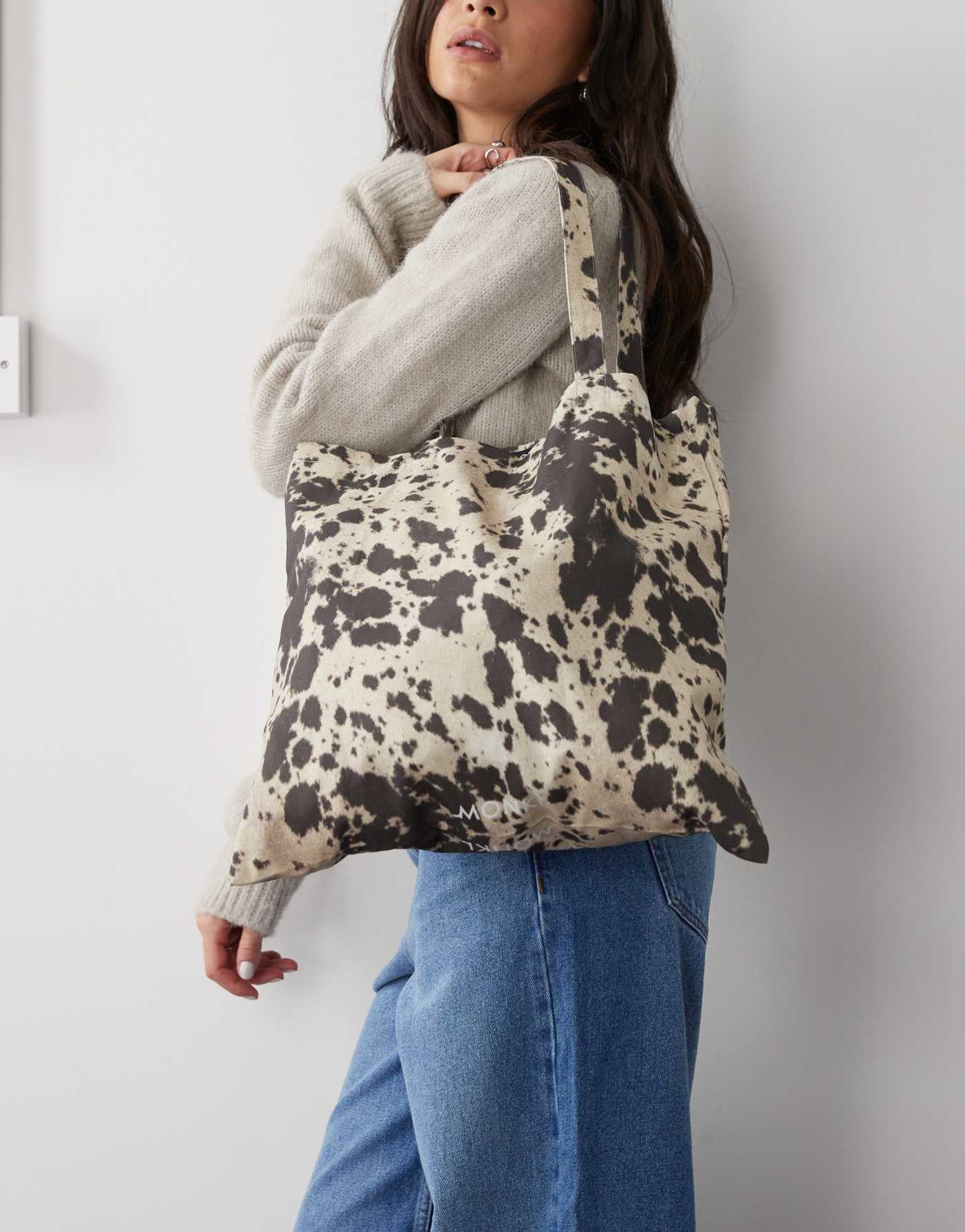 Monki tote bag in brown cow print