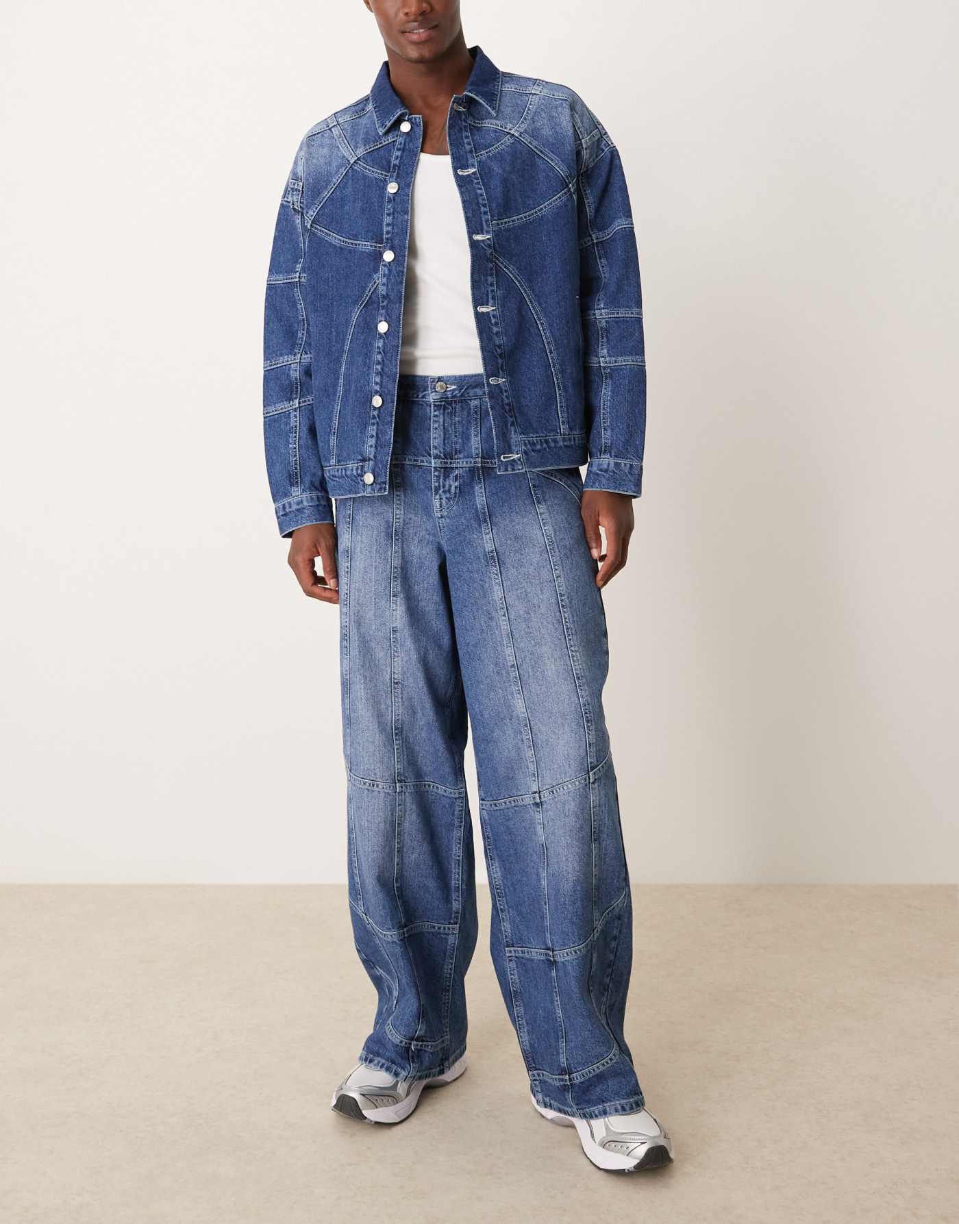 ASOS DESIGN co-ord super baggy jeans with seam details in mid wash blue