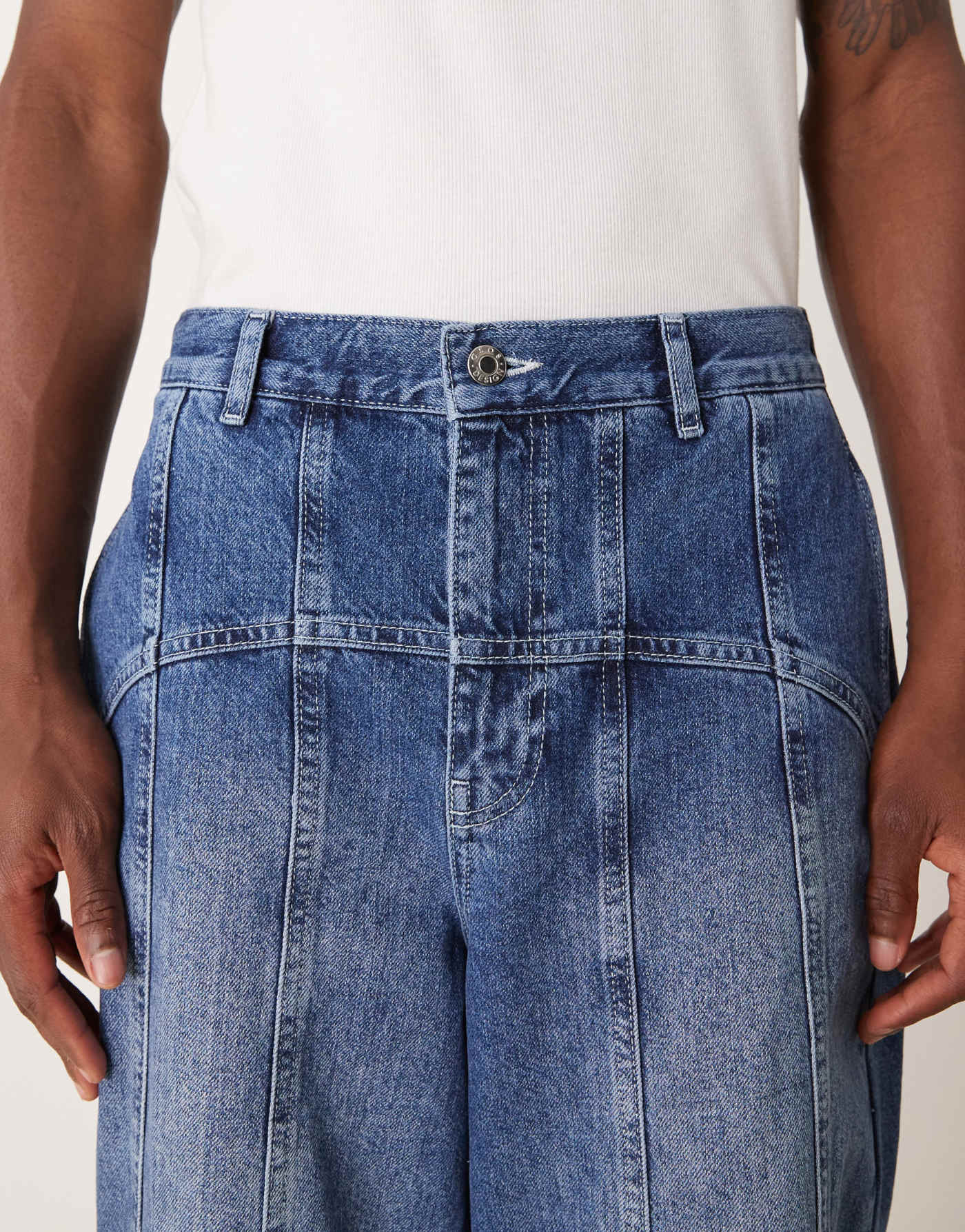 ASOS DESIGN co-ord super baggy jeans with seam details in mid wash blue