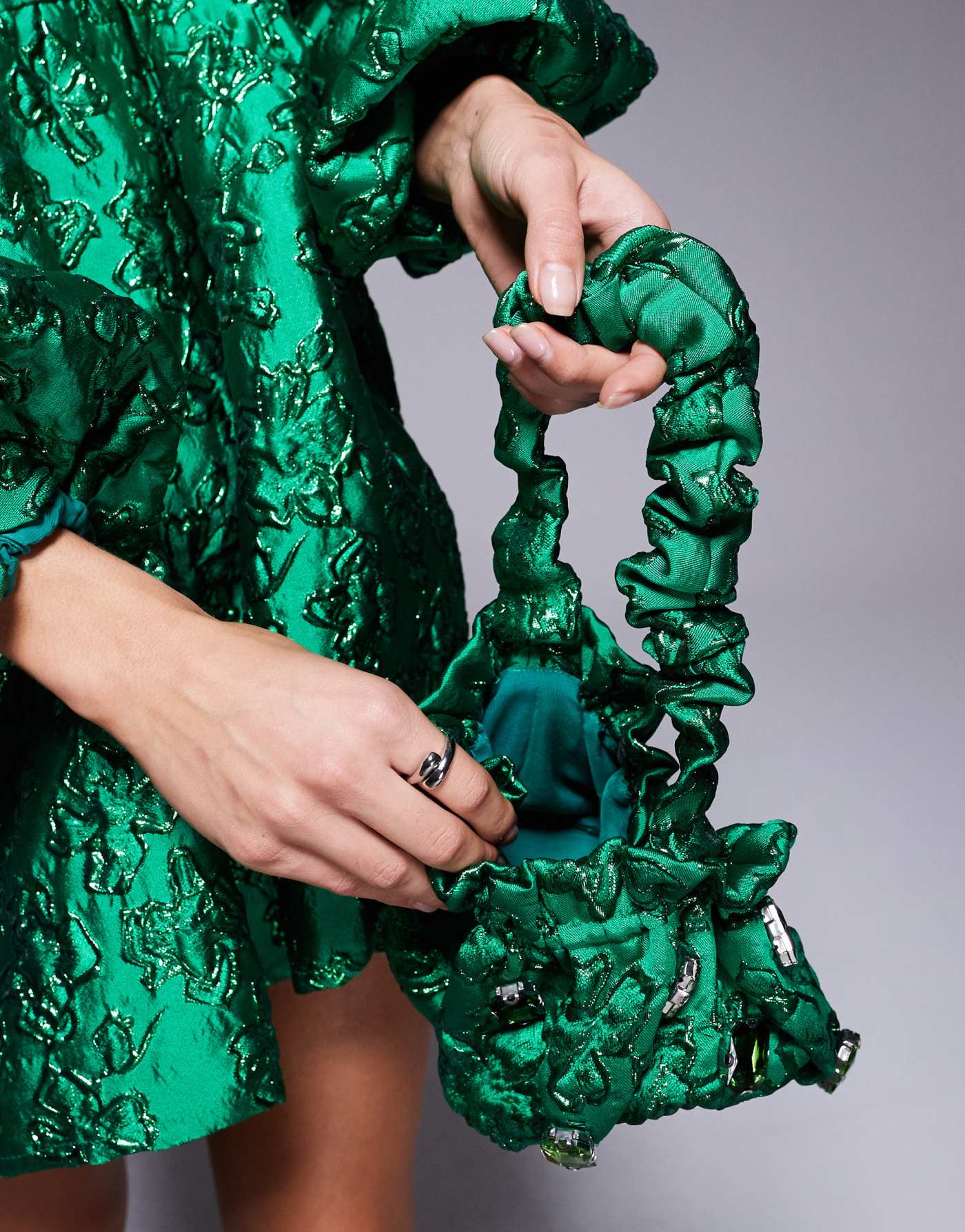 Dream Sister Jane jacquard grab bag co-ord in jewel green