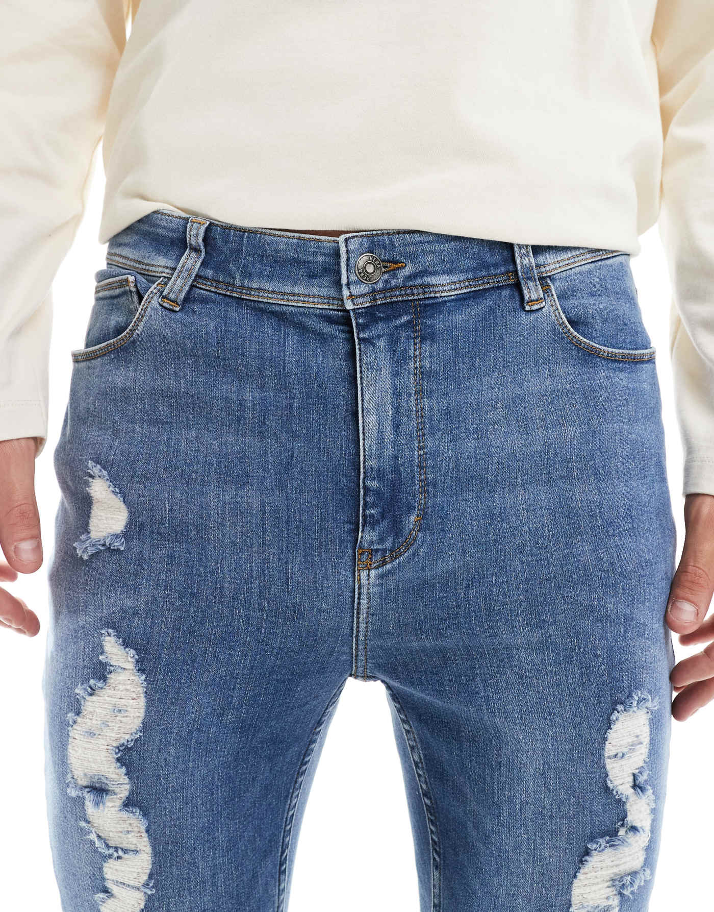 Hera Mens spray on ripped jean in mid blue