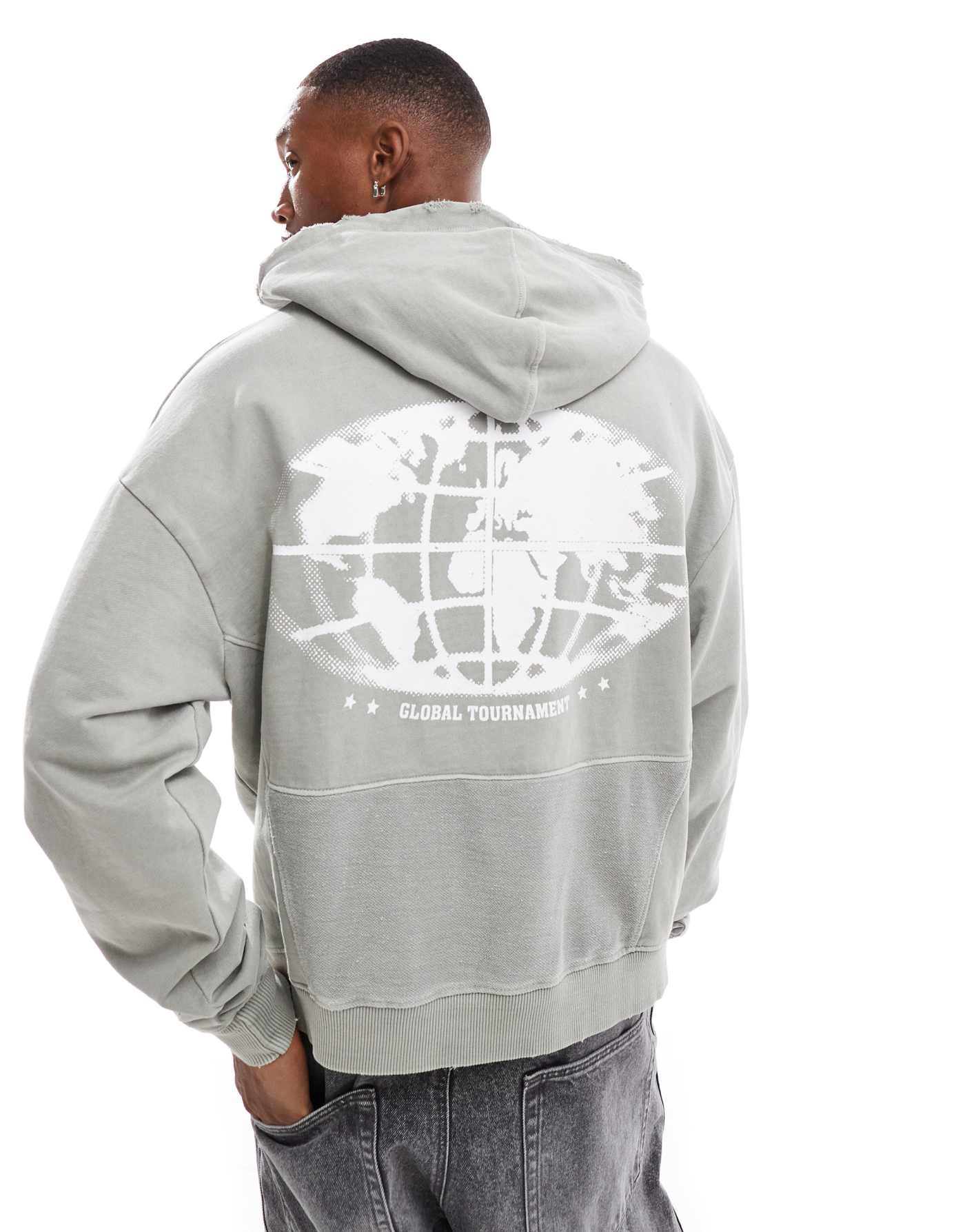 Pull&Bear global tournament back printed hoodie in grey