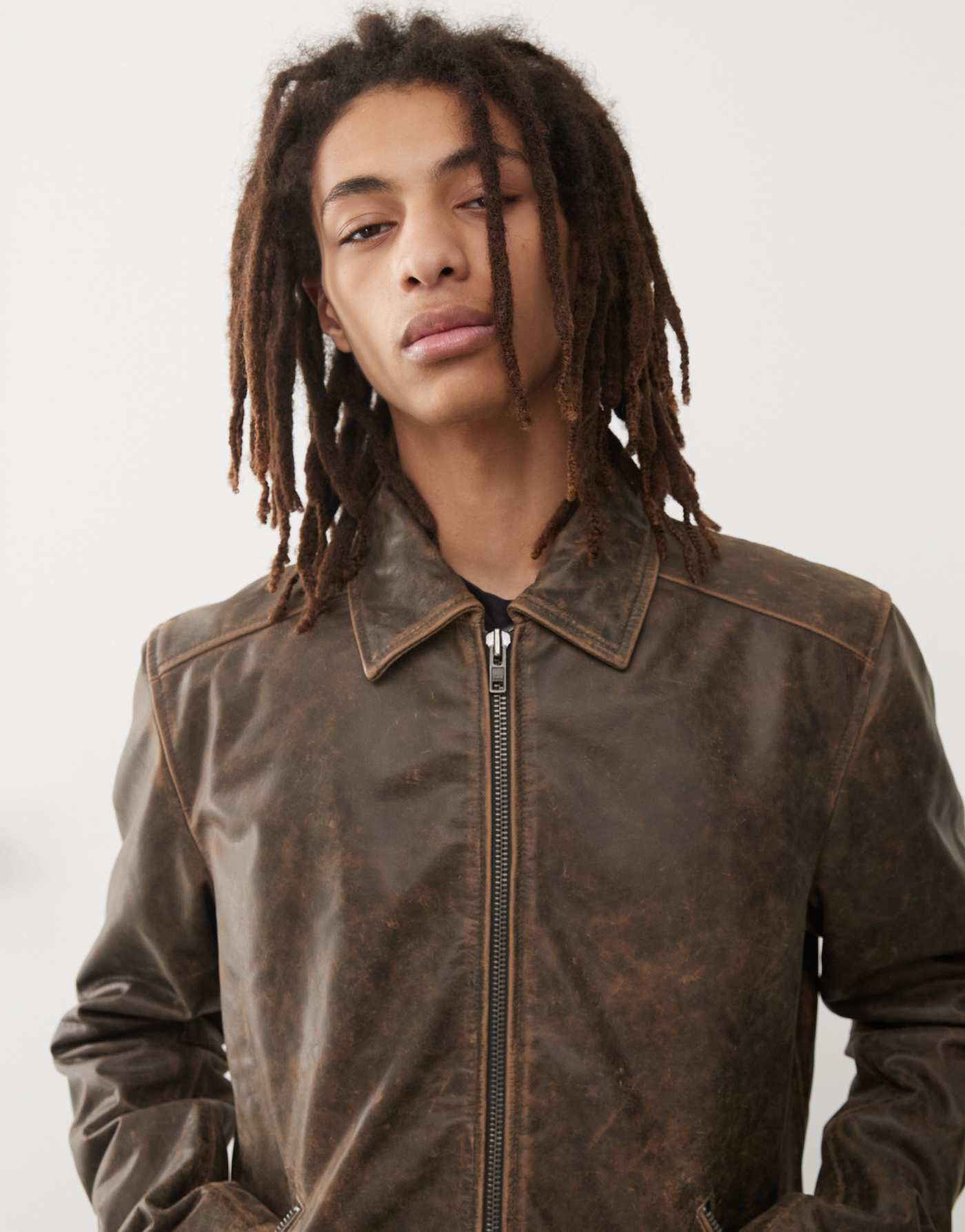 Barneys originals buffalo leather harrington in stone wash in brown