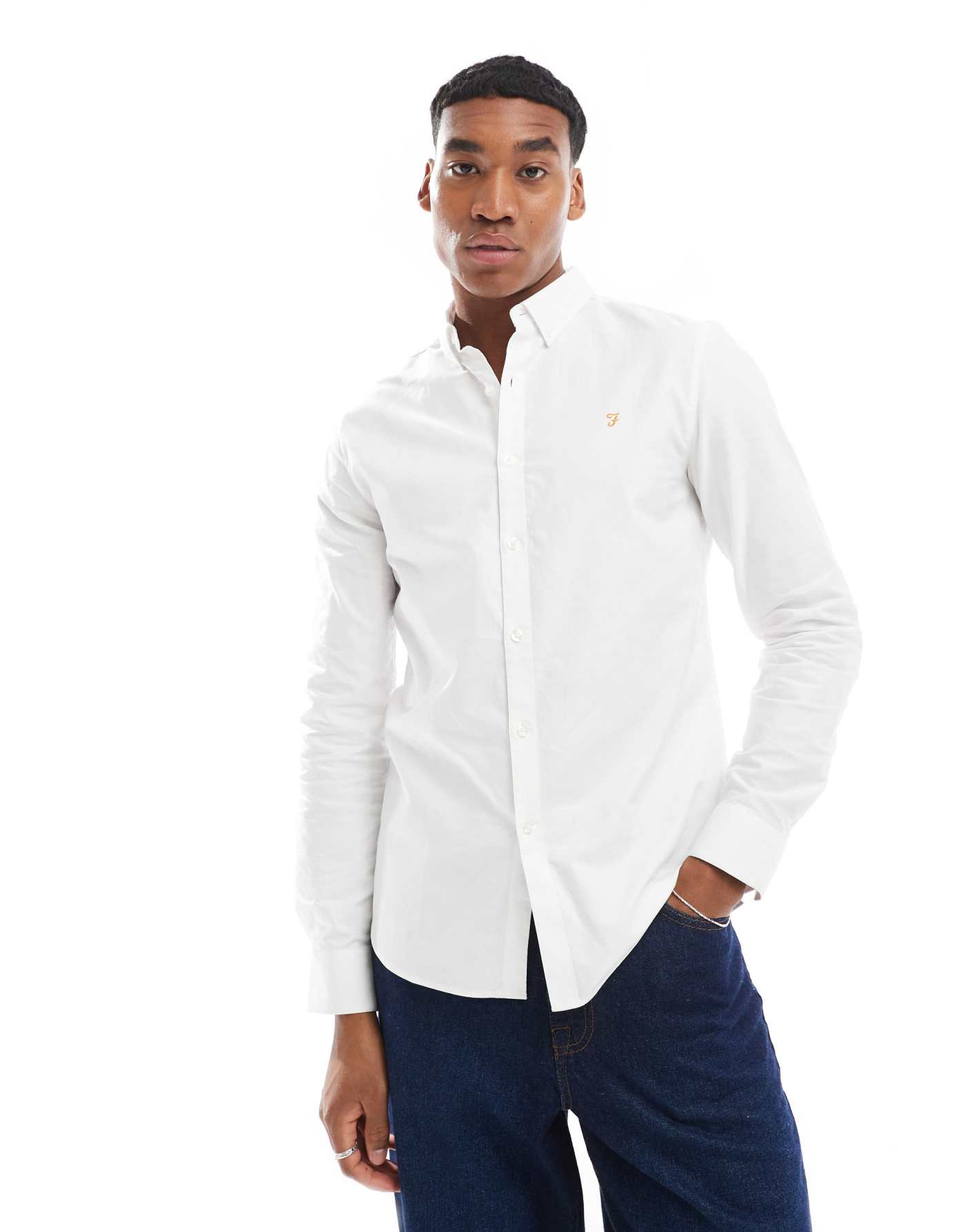 Farah brewer long sleeve oxford shirt in white