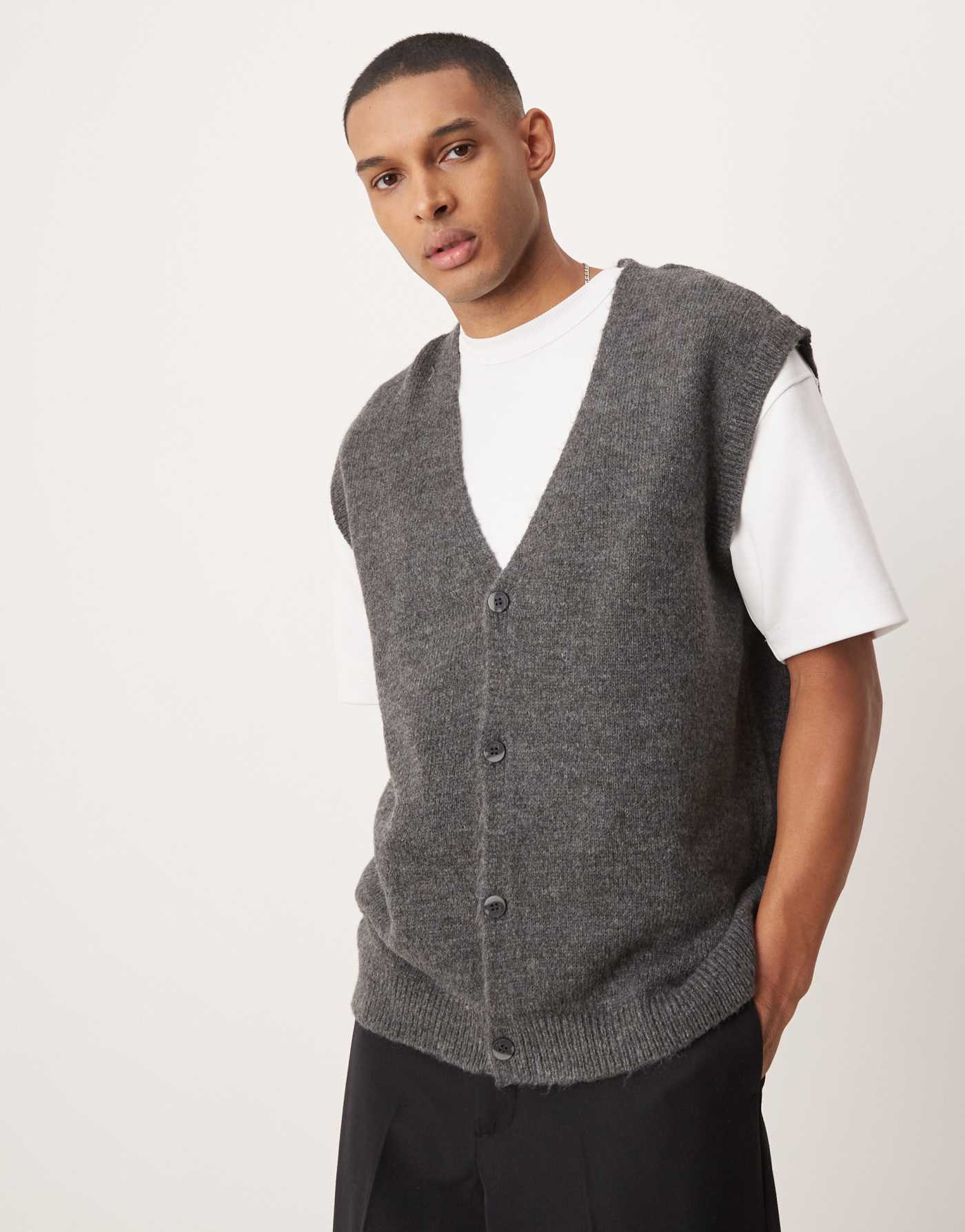 ASOS DESIGN oversized knitted button through vest in grey