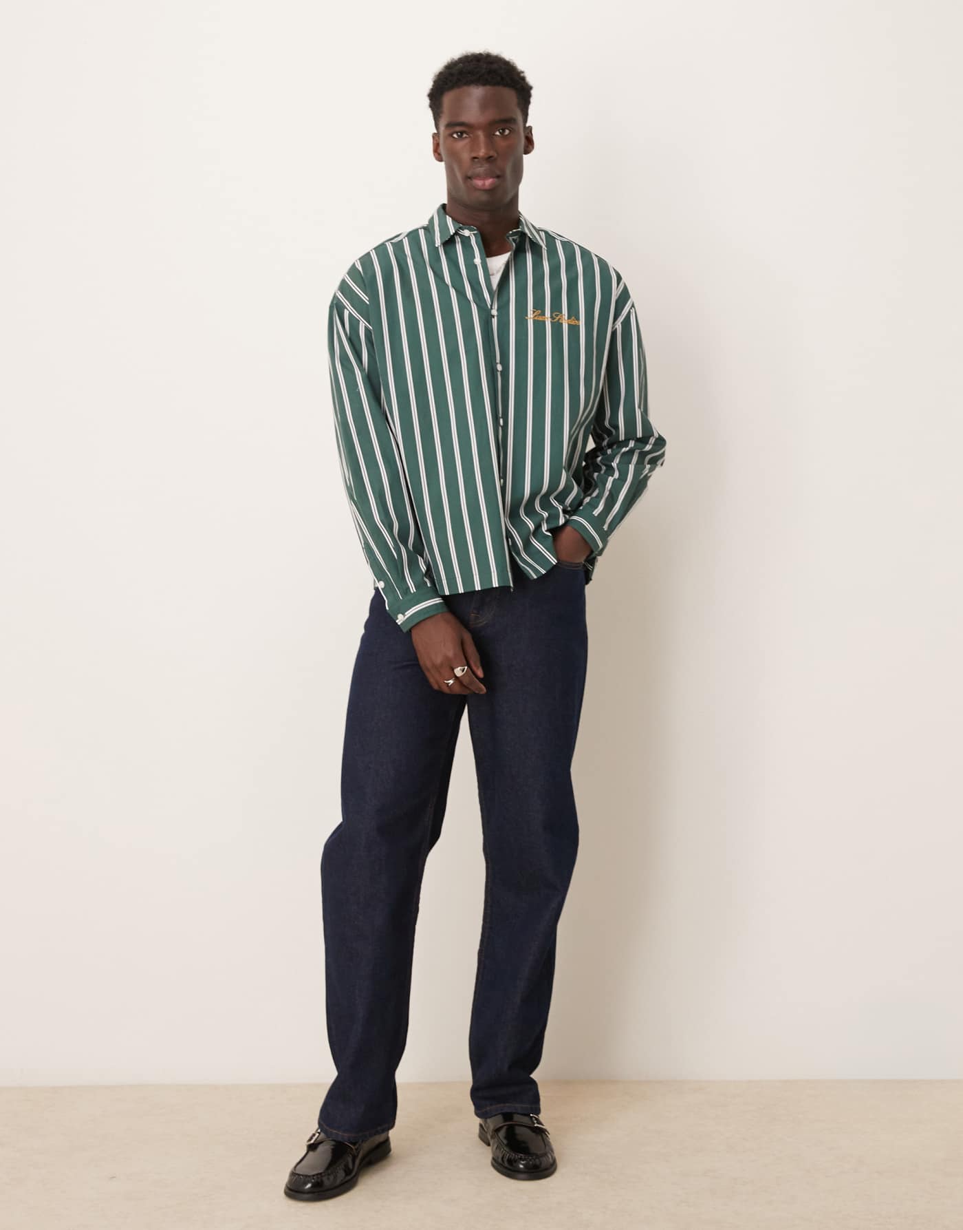 ASOS DESIGN oversized boxy shirt with embroidery in green and white stripe