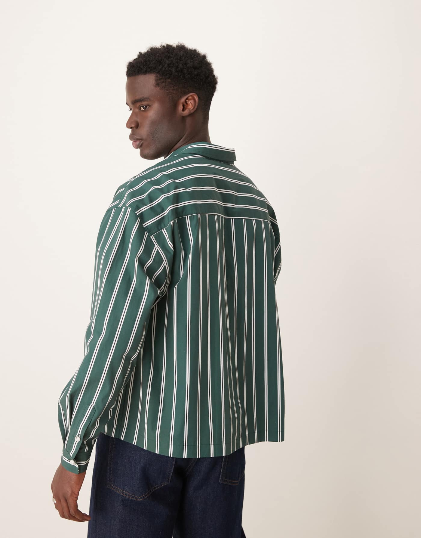 ASOS DESIGN oversized boxy shirt with embroidery in green and white stripe