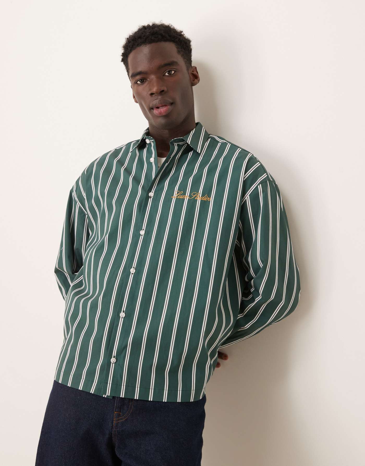 ASOS DESIGN oversized boxy shirt with embroidery in green and white stripe