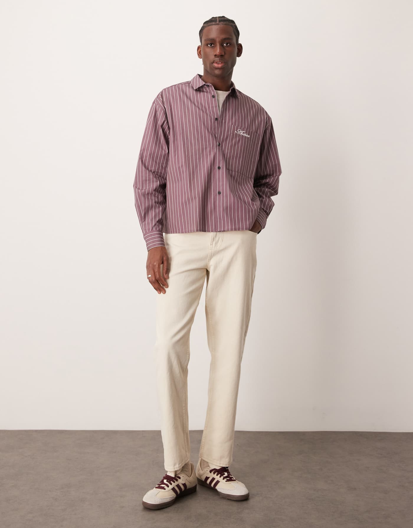 ASOS DESIGN oversized boxy shirt with embroidery in purple stripe