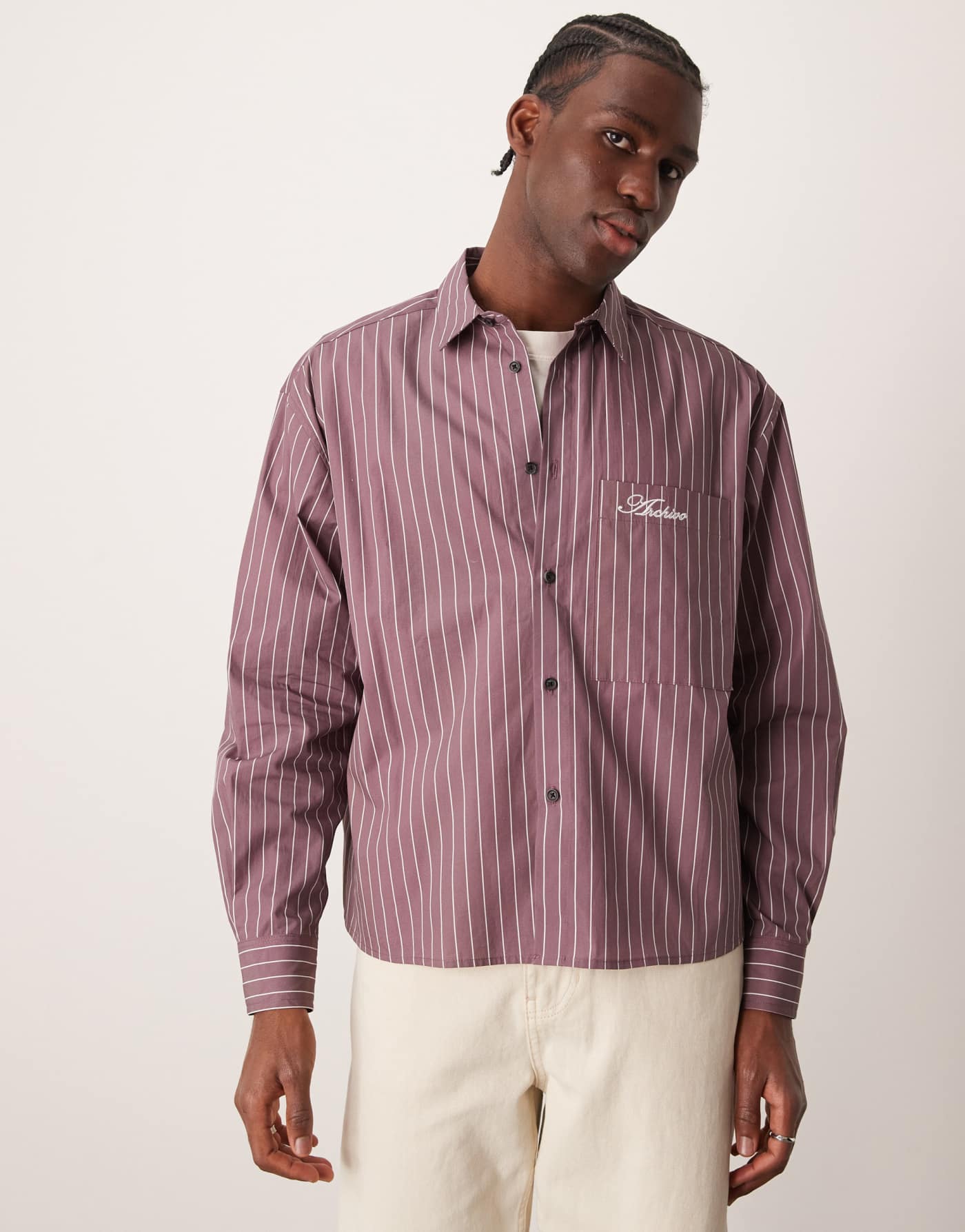 ASOS DESIGN oversized boxy shirt with embroidery in purple stripe