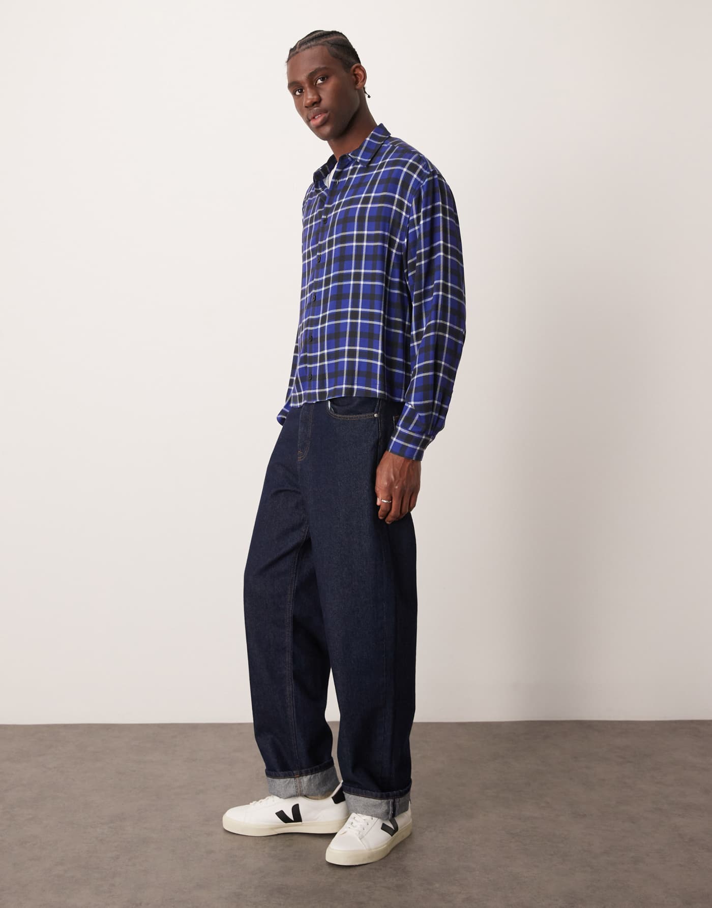 ASOS DESIGN oversized cropped shirt in blue check