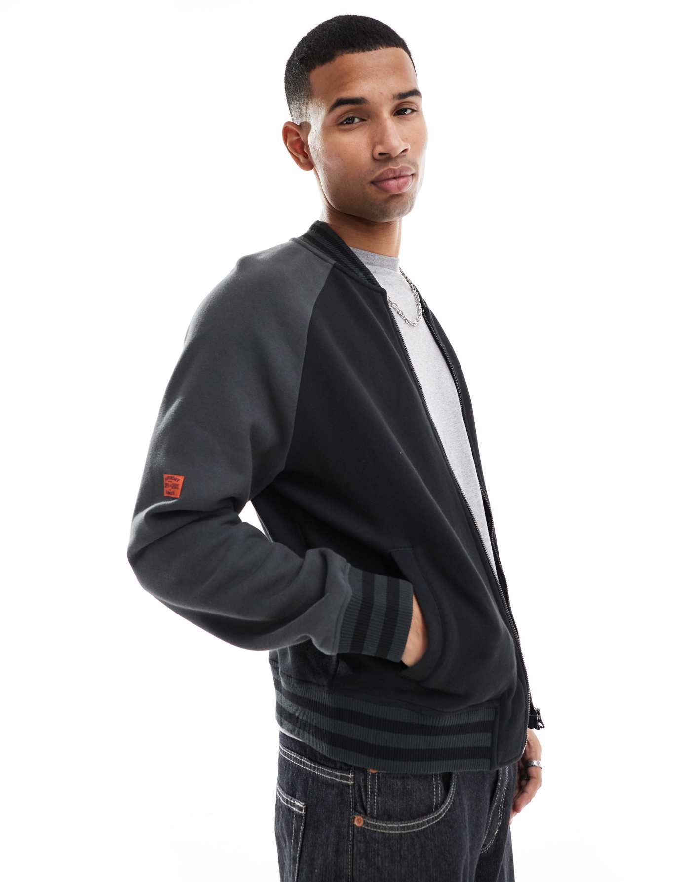 Superdry College graphic jersey bomber jacket in black