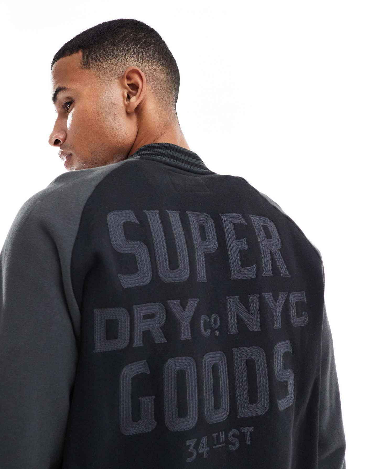 Superdry College graphic jersey bomber jacket in black