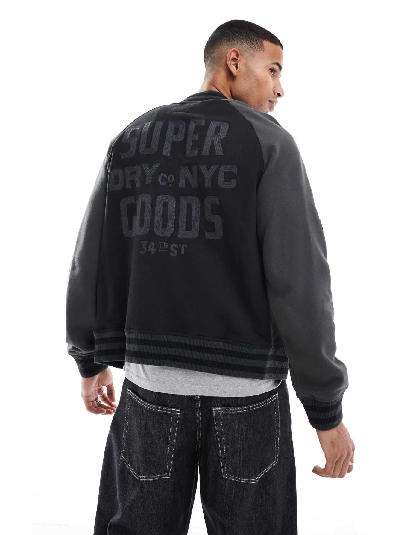 Superdry College graphic jersey bomber jacket in black