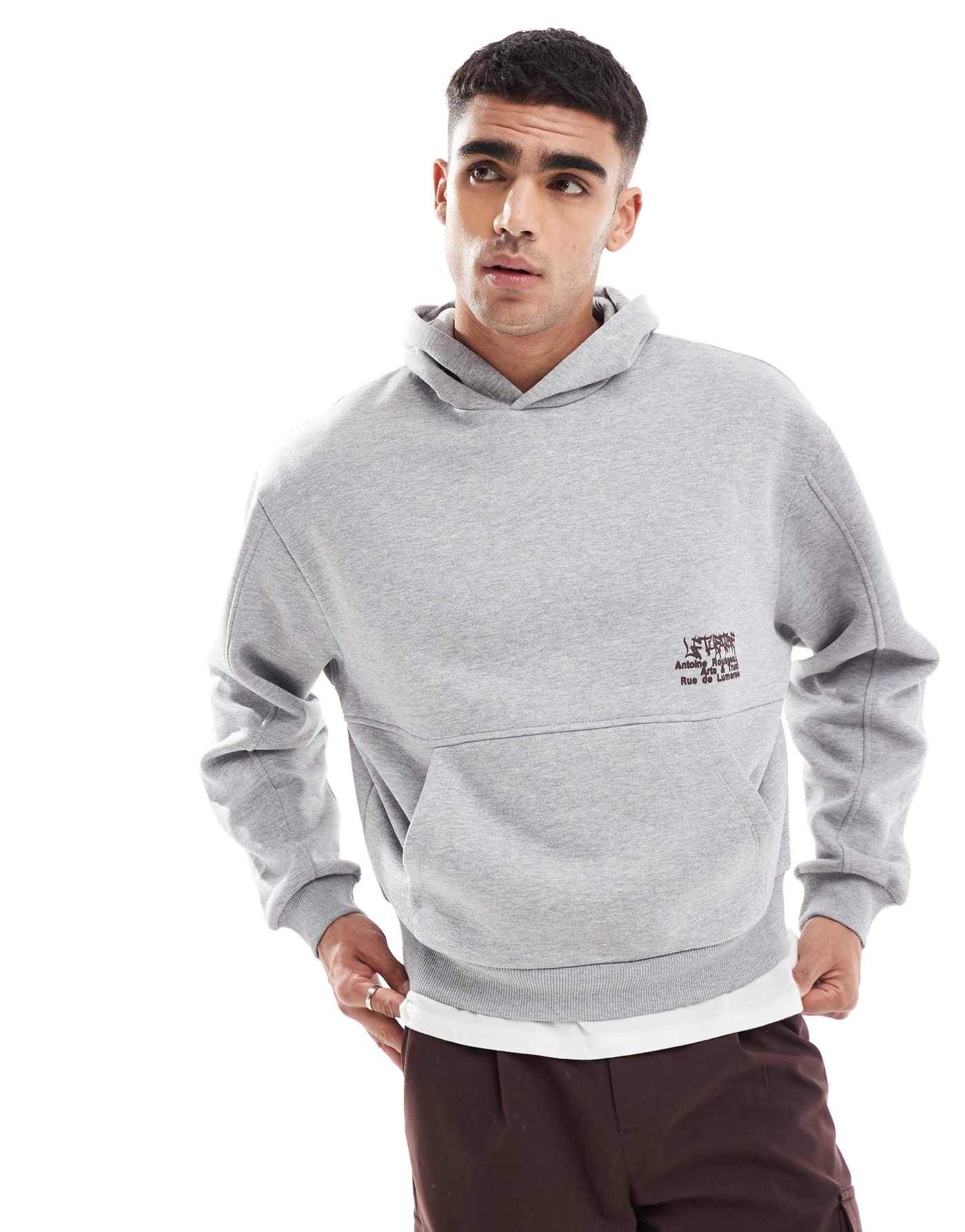 ASOS DESIGN oversized boxy hoodie with seam detail and graffiti print in grey marl