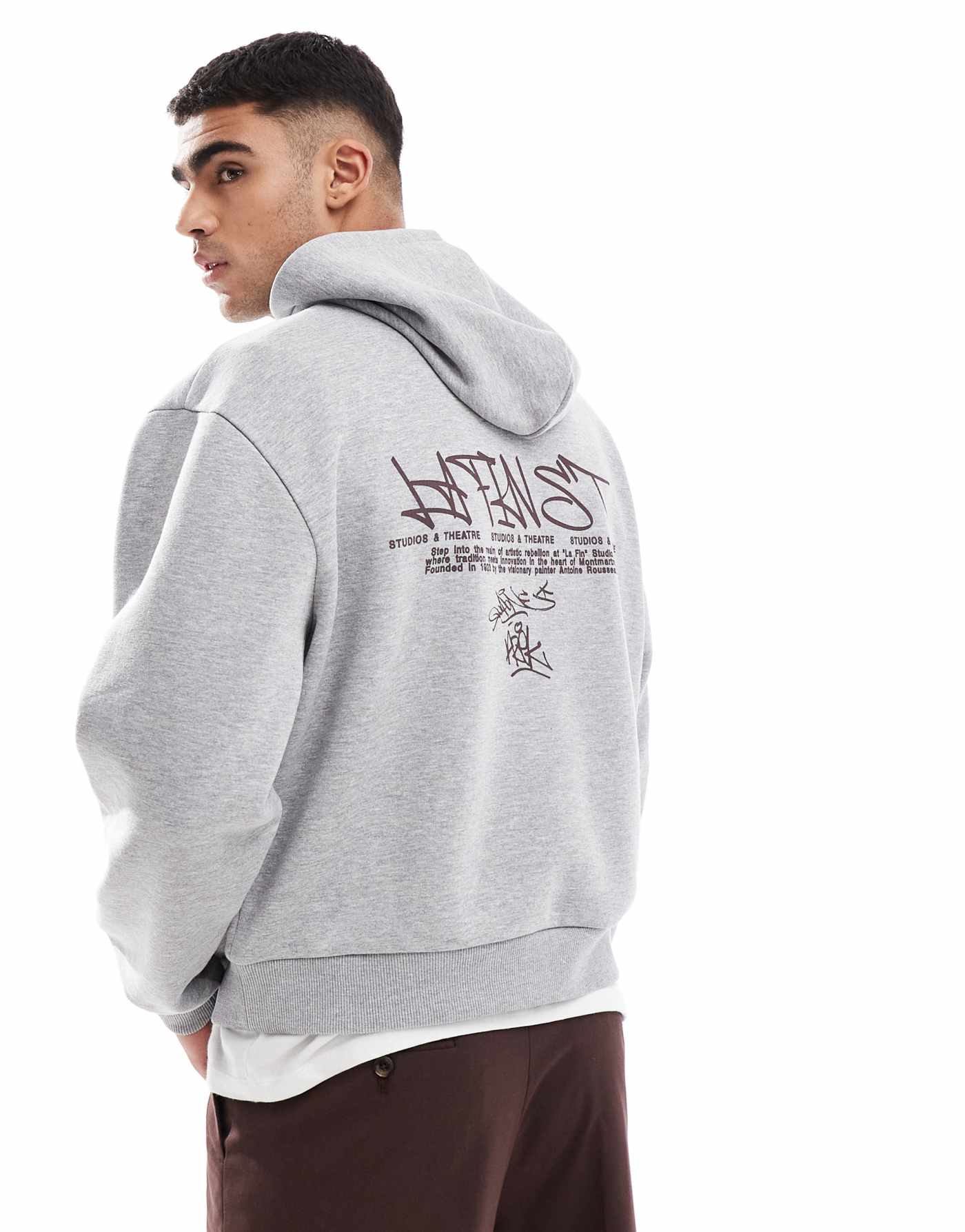 ASOS DESIGN oversized boxy hoodie with seam detail and graffiti print in grey marl