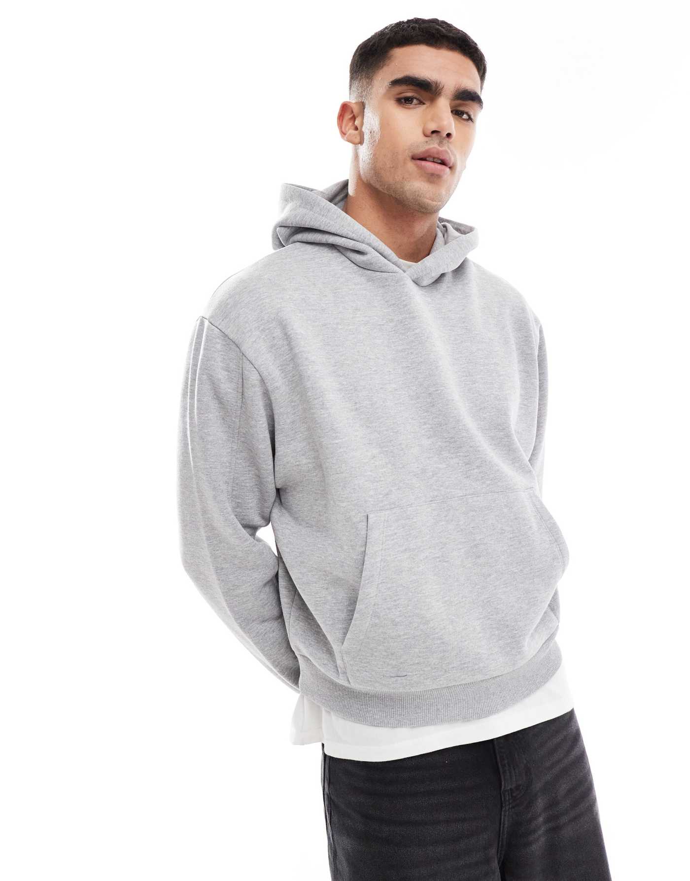 ASOS DESIGN oversized boxy hoodie with back print and seam detail in grey marl