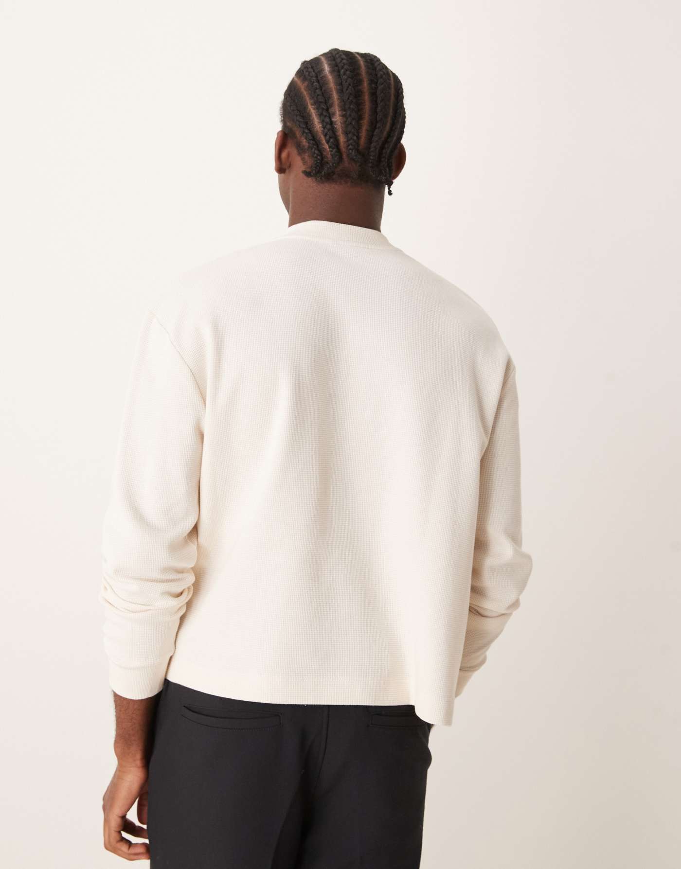 ASOS DESIGN relaxed boxy long sleeve t-shirt with zip neck in cream