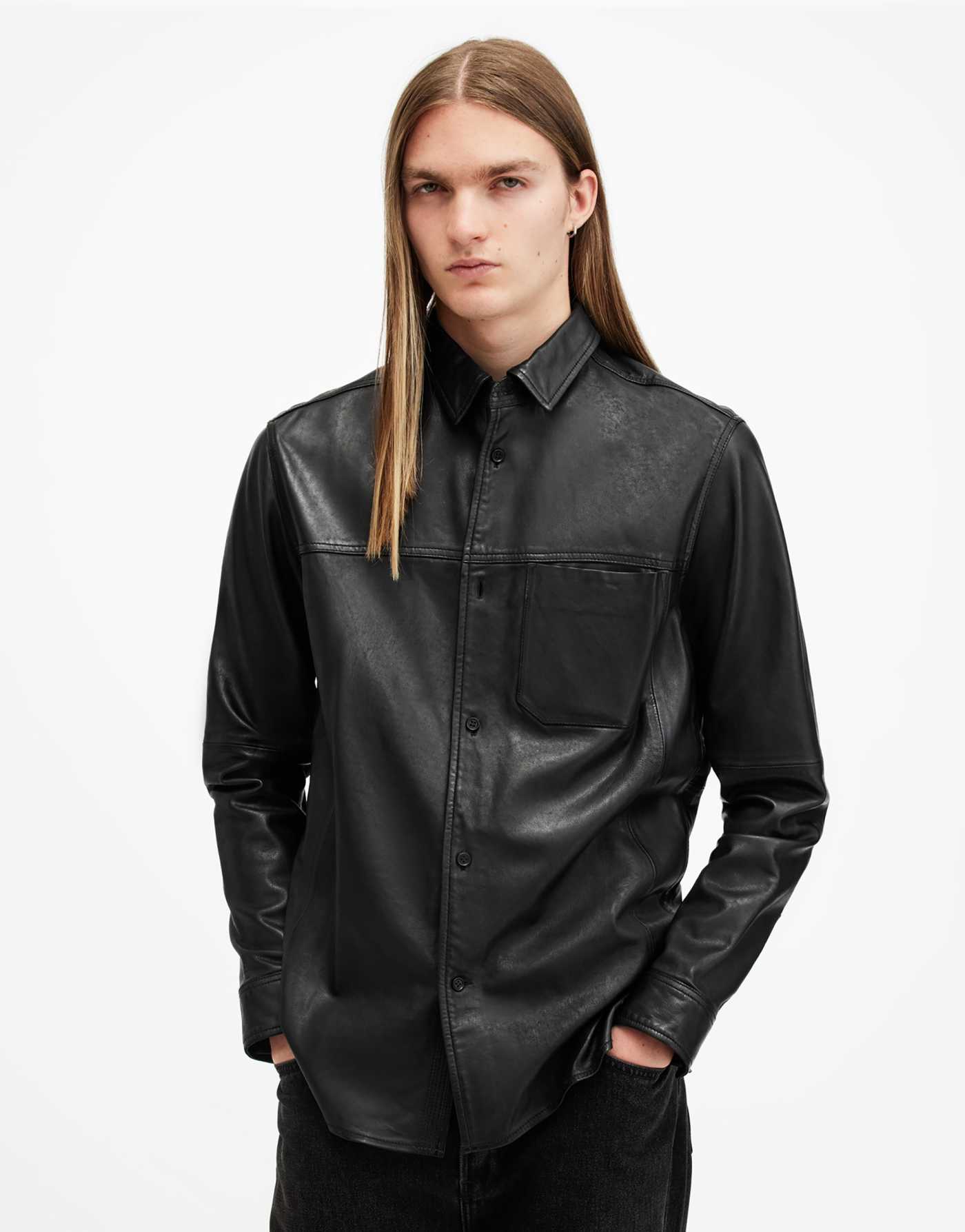 AllSaints Compass leather shirt in black