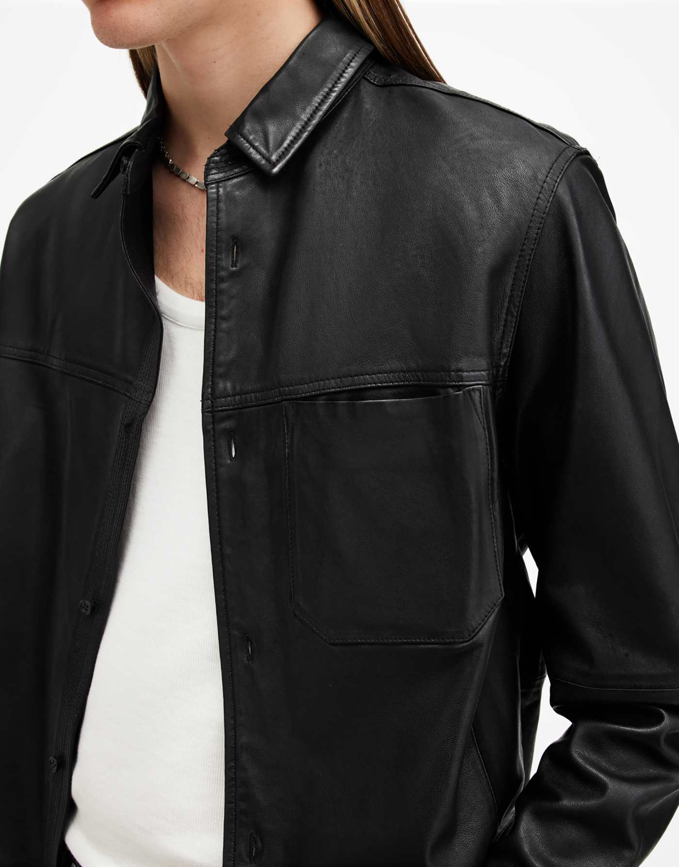 AllSaints Compass leather shirt in black