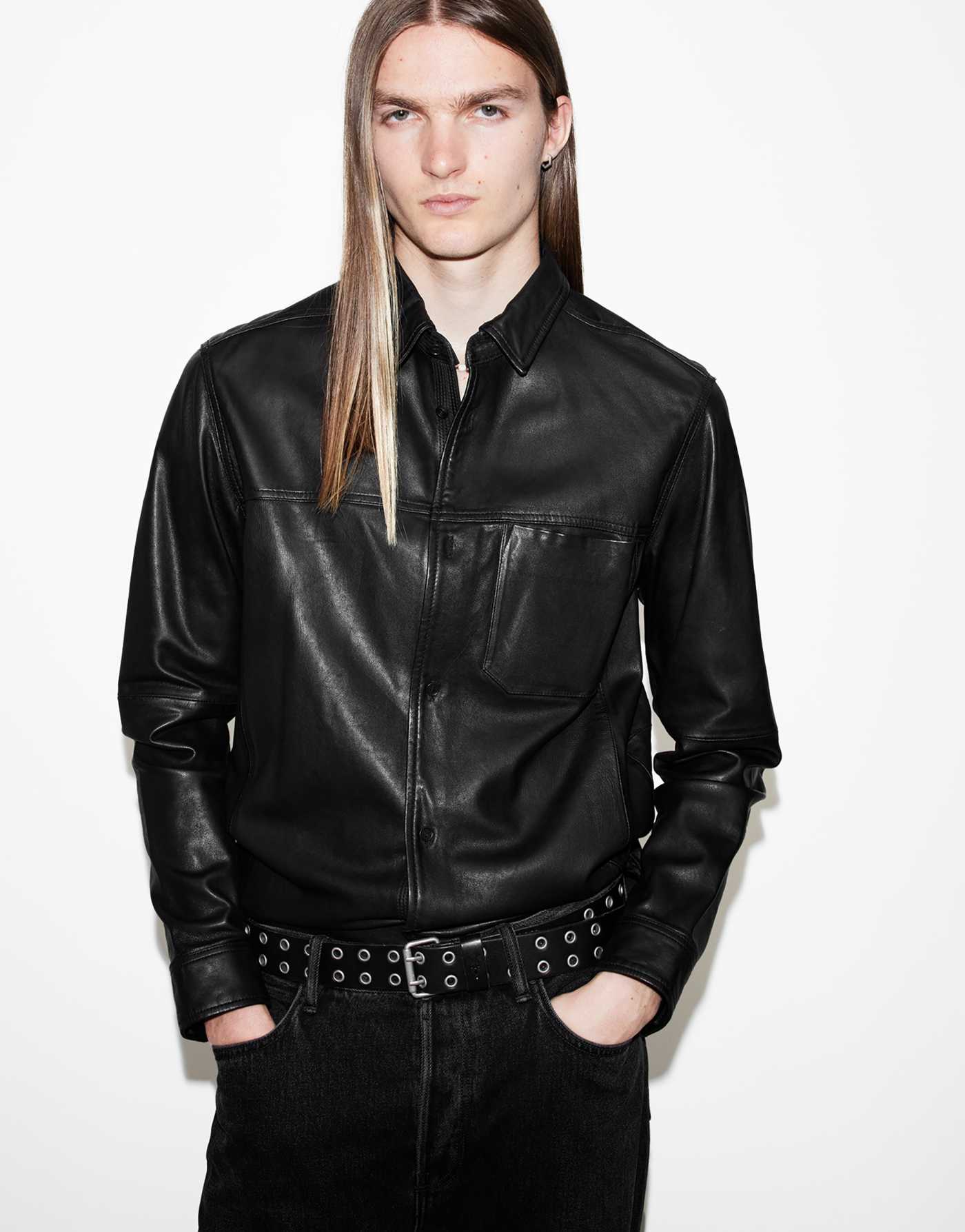 AllSaints Compass leather shirt in black