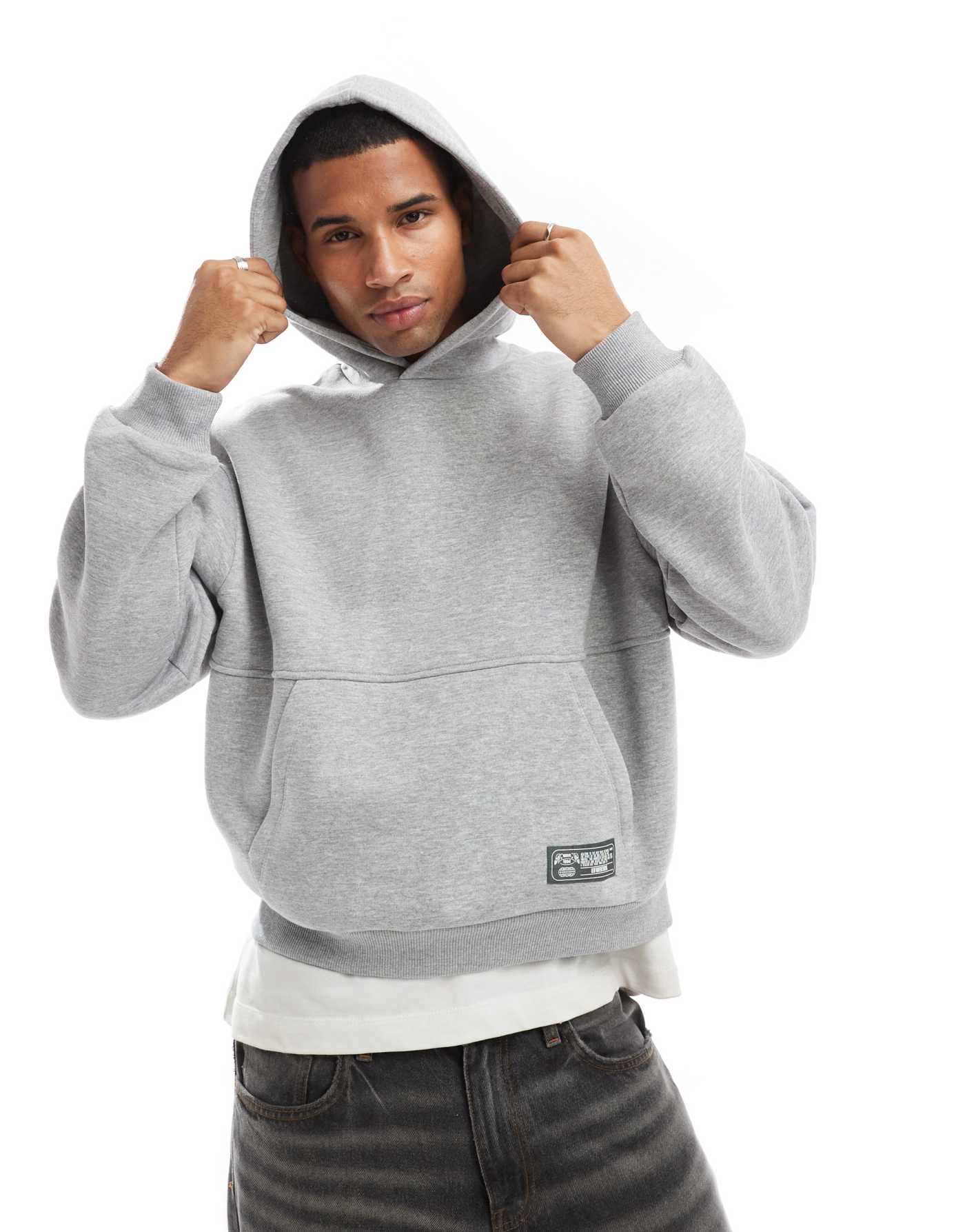 ASOS DESIGN oversized boxy hoodie with label detail and back print in grey marl