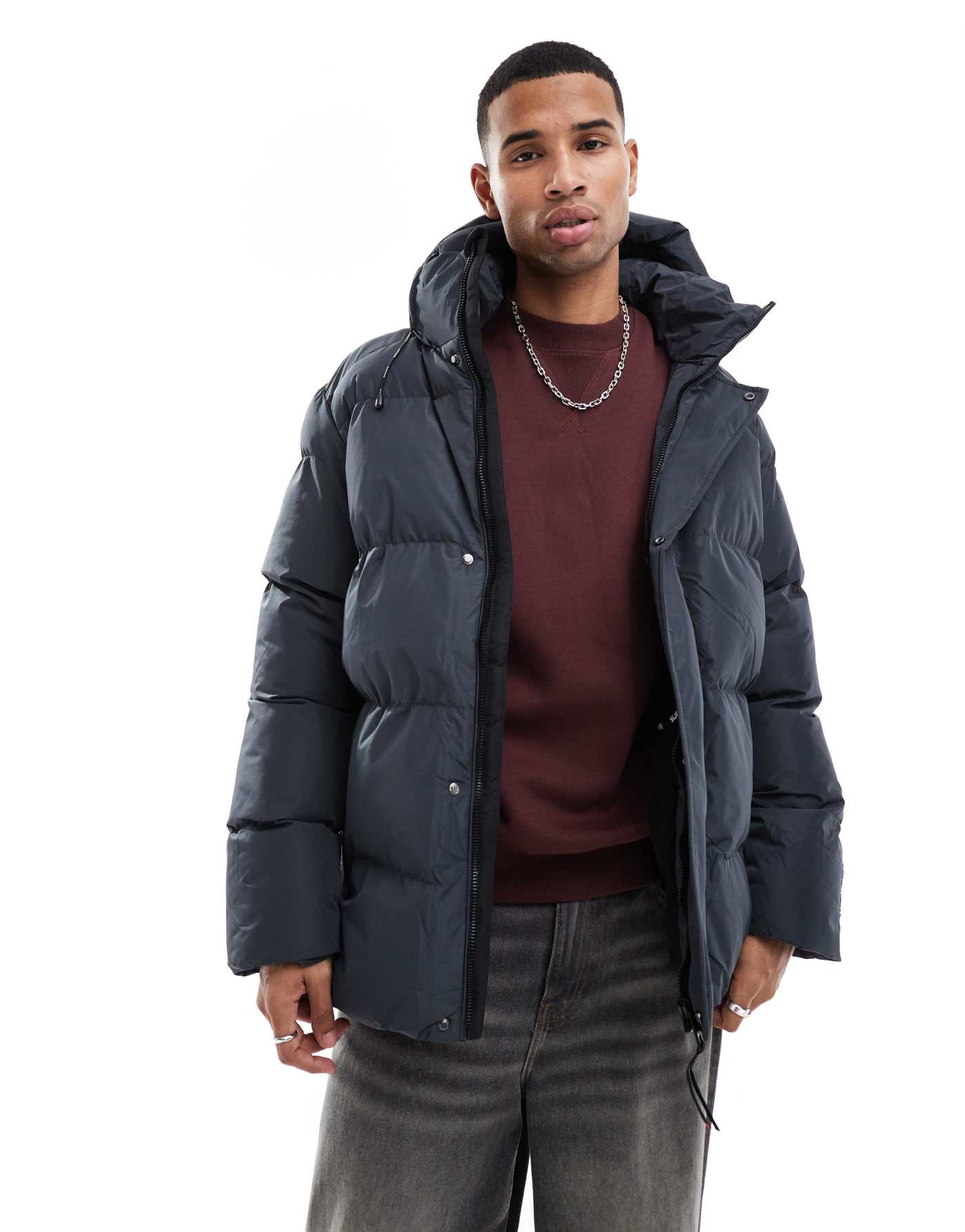 Superdry Hooded five baffle sports puffer in ebony